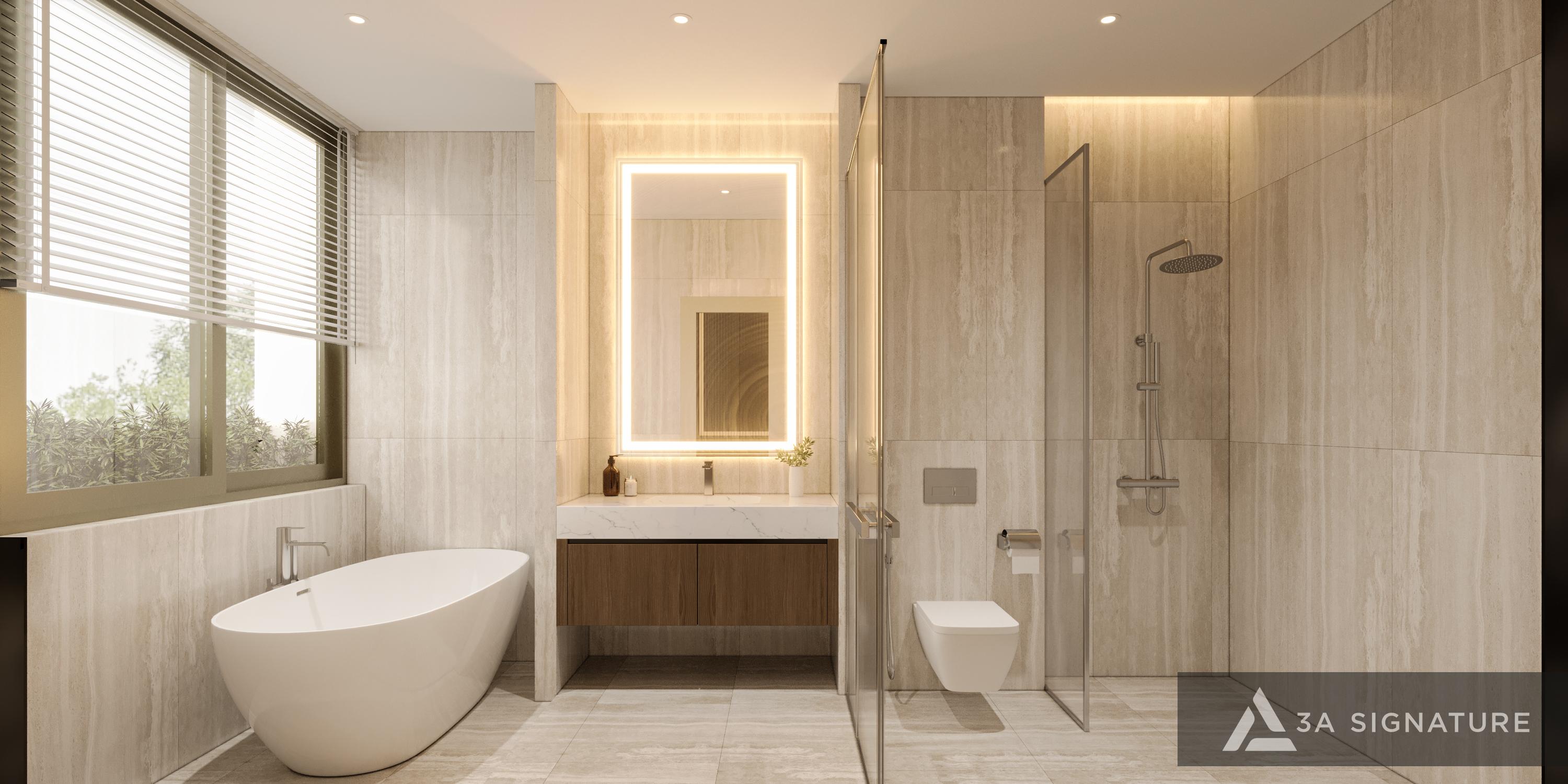 Bố Trí Nội Thất Phòng Tắm Chuẩn Kiến Trúc Sư - Đẹp Và Đúng Công Năng Nội thất phòng tắm với gạch khổ lớn tông be sáng, bồn tắm đặt cạnh cửa sổ và khu tắm đứng kính cường lực, tạo không gian hiện đại, sạch gọn và bền đẹp.