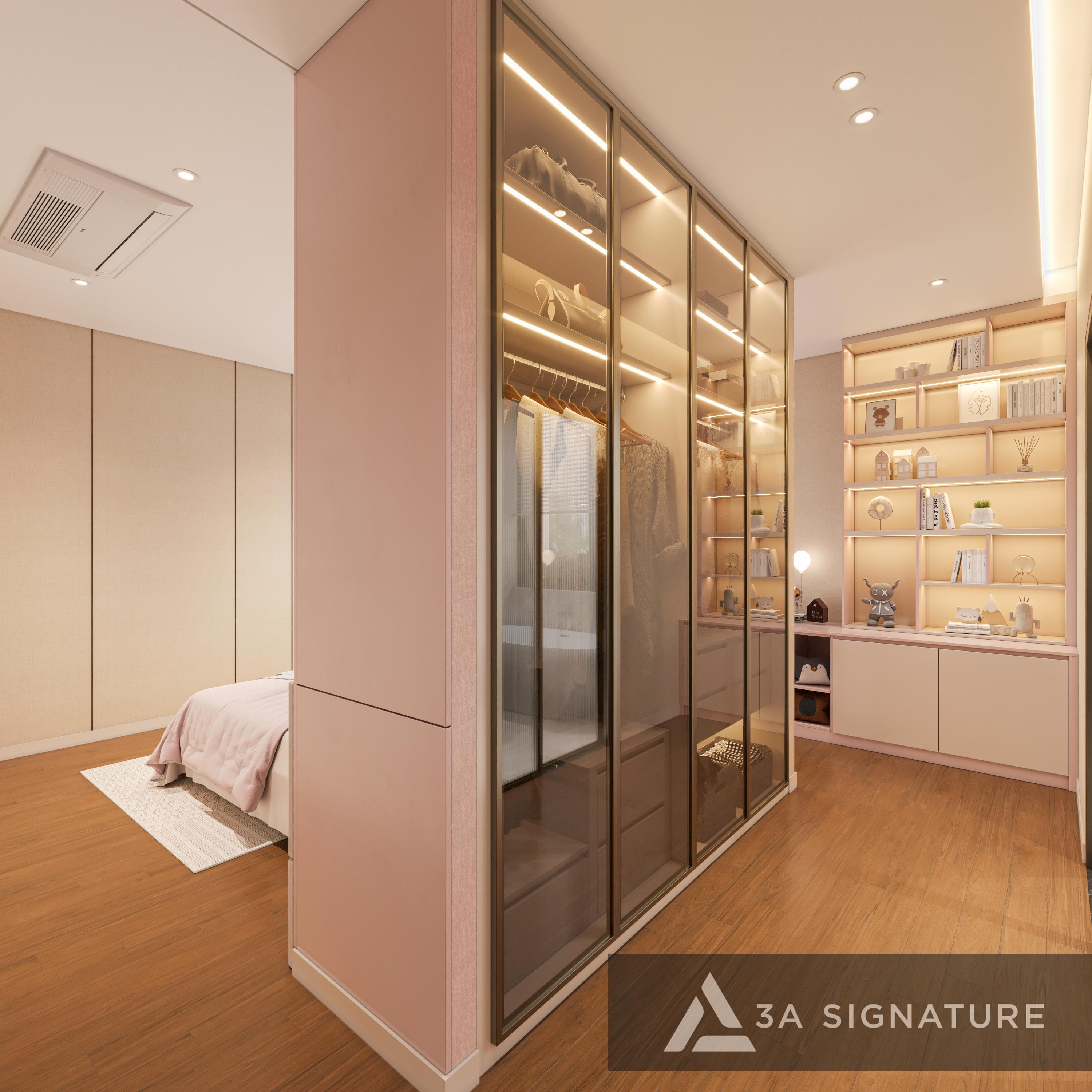 Nội Thất Phòng Ngủ Trẻ Em: Nguyên Tắc Thiết Kế Sáng Tạo Giúp Bé Phát Triển Toàn Diện Không gian phòng ngủ trẻ em với tủ kính, kệ mở và ngăn kéo thấp, tối ưu lưu trữ để bé tự sắp xếp đồ đạc và duy trì thói quen ngăn nắp mỗi ngày.