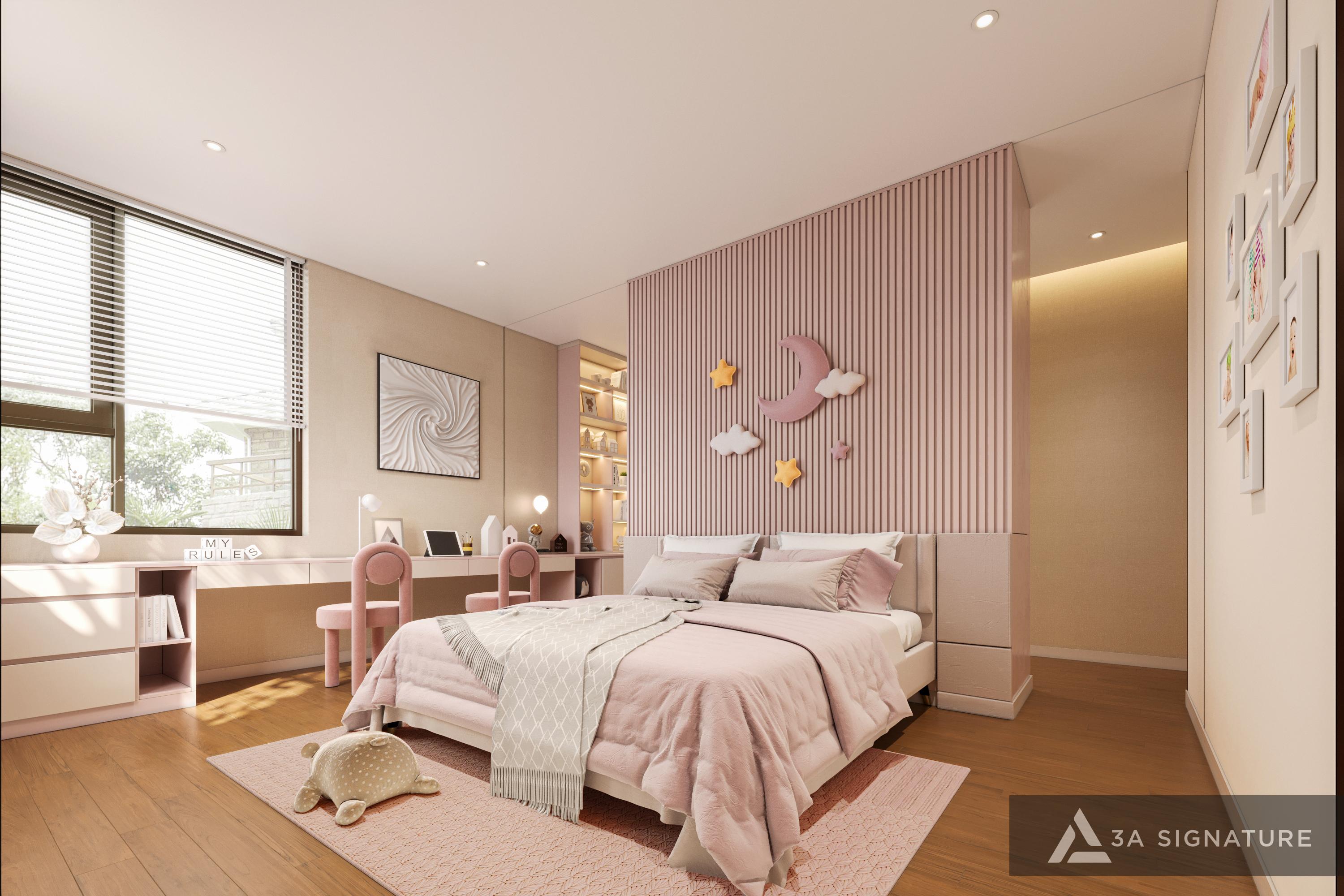 Nội Thất Phòng Ngủ Trẻ Em: Nguyên Tắc Thiết Kế Sáng Tạo Giúp Bé Phát Triển Toàn Diện Không gian phòng ngủ trẻ em màu hồng pastel với giường ngủ an toàn, bố trí hợp lý giúp bé ngủ ngon và phát triển toàn diện.