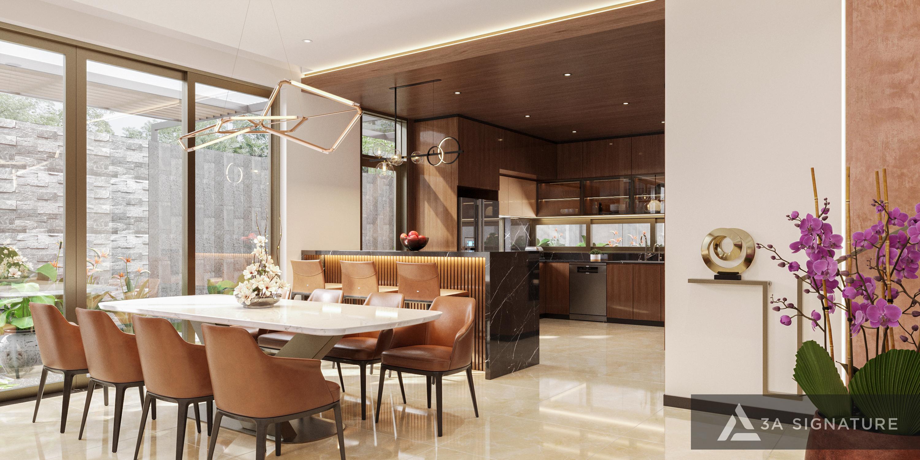 Thiết Kế Không Gian Bếp Mang Dấu Ấn Riêng - Tôn Vinh Phong Cách Sống Không gian bếp mở và phòng ăn biệt thự hiện đại với bàn ăn đá, ghế da màu nâu, quầy bar gỗ – đá và hệ cửa kính lớn kết nối sân vườn, minh họa thiết kế liên thông rộng thoáng và tiện nghi.