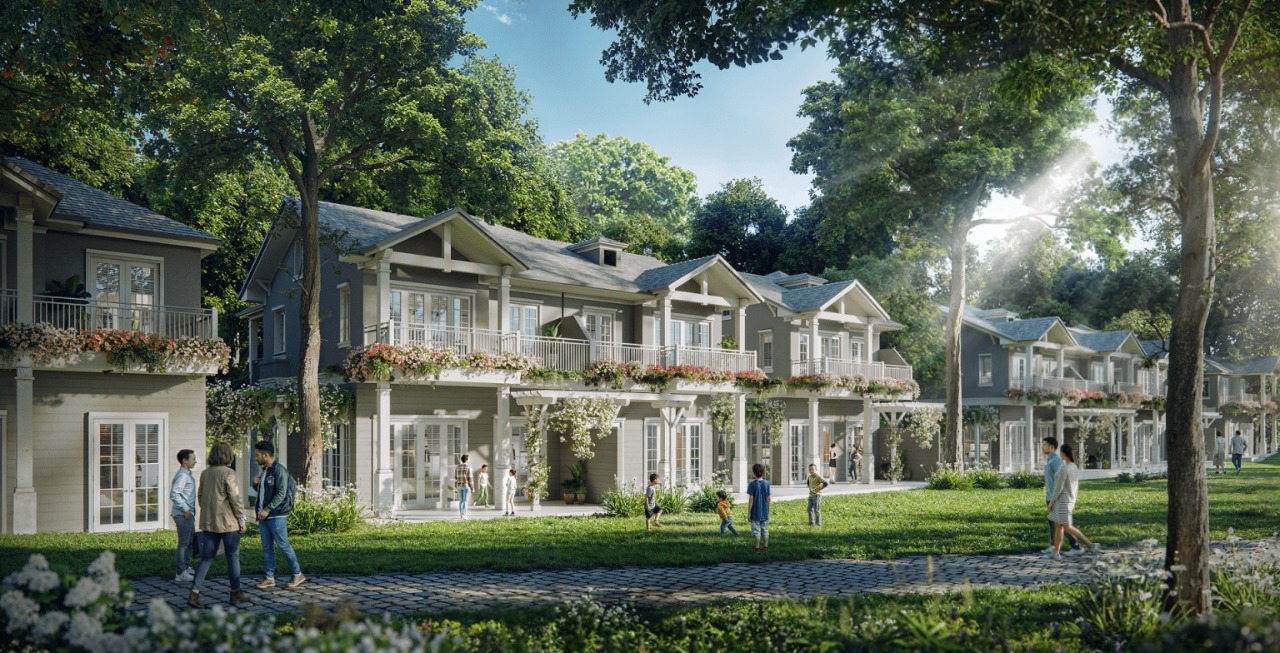 Eco Retreat Long An: Thiên Đường An Yên Giữa Lòng Miền Tây Biệt thự song lập Eco Retreat Long An với thiết kế xanh, vật liệu tự nhiên, cảnh quan sinh thái và đường lát đá giữa hàng cây rợp bóng.