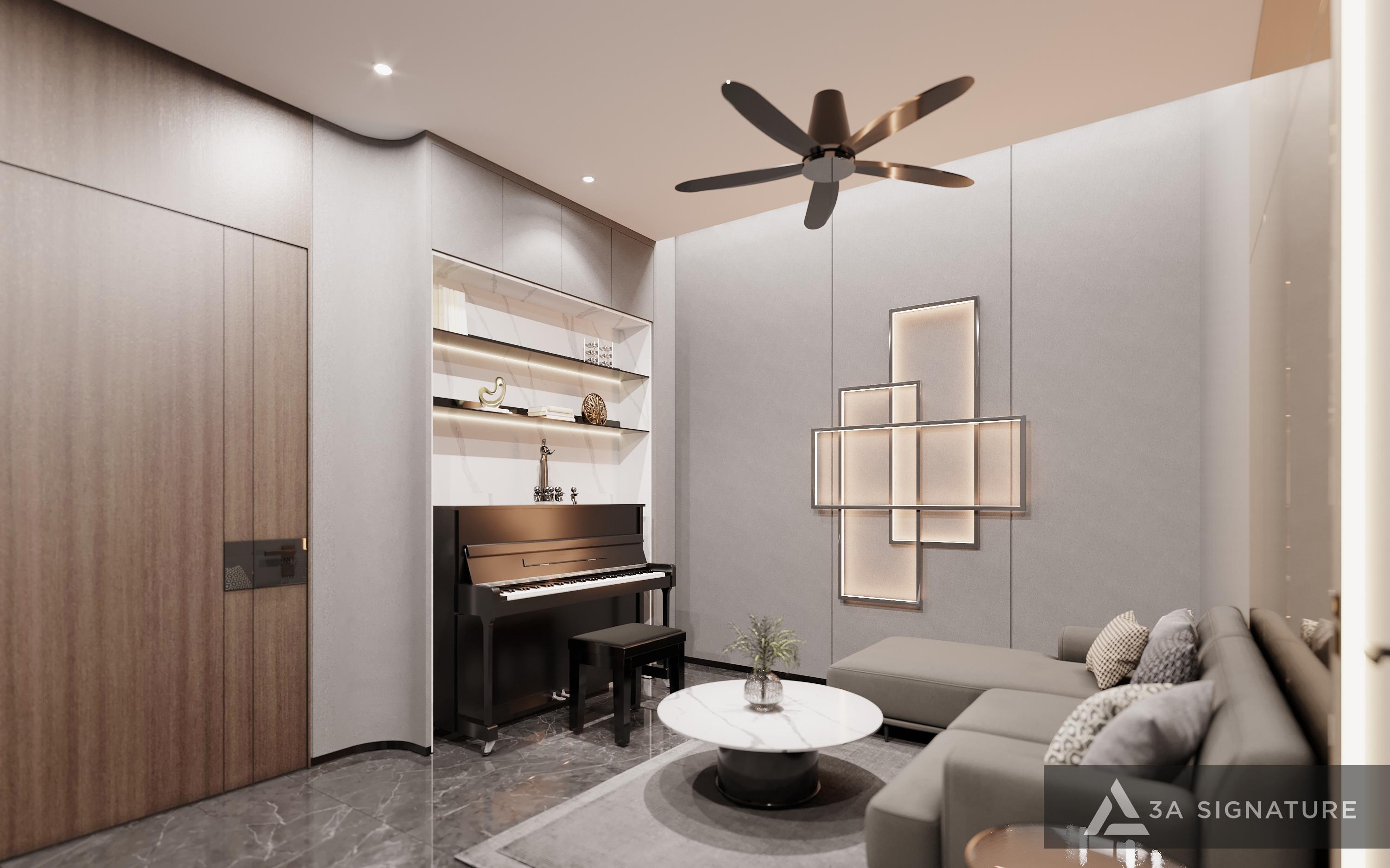 Không gian sinh hoạt cửa gỗ biệt thự hiện đại với điểm nhấn là hệ cửa gỗ sang trọng. Chất liệu gỗ kết hợp ánh sáng mềm và nội thất tinh giản giúp căn phòng trở nên ấm áp, gần gũi nhưng vẫn giữ được vẻ lịch lãm – đúng tinh thần thiết kế của 3A Signature.