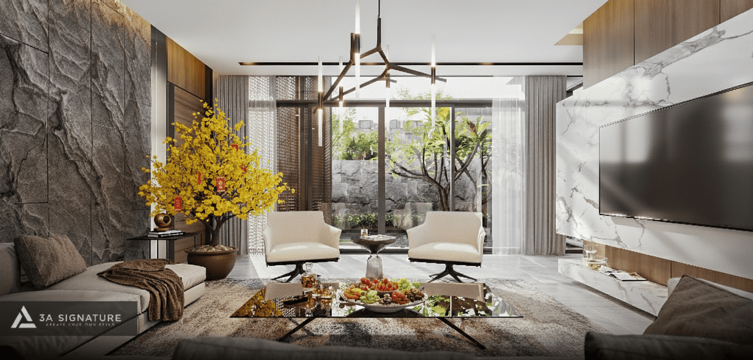 y-tuong-trang-tri-Tet-cho-phong-khach-biet-thu-voi-mai-vang-anh-sang-vang-am-va-vat-lieu-da-go-tao-khong-gian-sum-vay-tinh-te