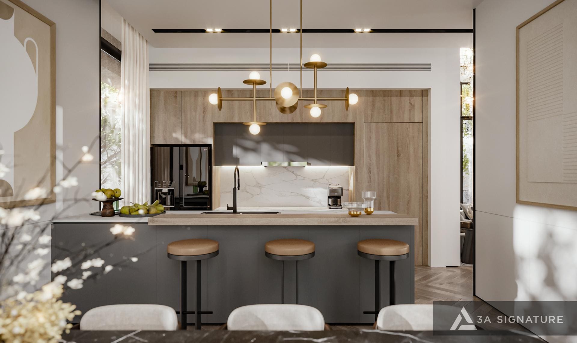 Gỗ An Cường – Vật Liệu Nội Thất Kiến Tạo Không Gian Sống Đậm Phong Cách Phòng bếp hiện đại với tủ bếp phủ laminate vân gỗ An Cường, kết hợp đảo bếp trung tâm và đèn trang trí tinh tế. Không gian tối ưu công năng và thẩm mỹ, phù hợp khí hậu nhiệt đới.