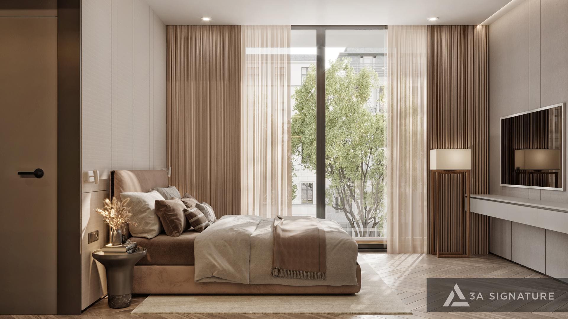 Thiết Kế Biệt Thự Đẹp - Khi Kiến Trúc Trở Thành Nghệ Thuật Sống Phòng ngủ sang trọng trong thiết kế biệt thự đẹp phong cách Modern Tropical của 3A Signature, kết hợp vật liệu gỗ, ánh sáng tự nhiên và rèm mỏng, tạo nên không gian bền vững, cảm xúc và đậm dấu ấn cá nhân của gia chủ.