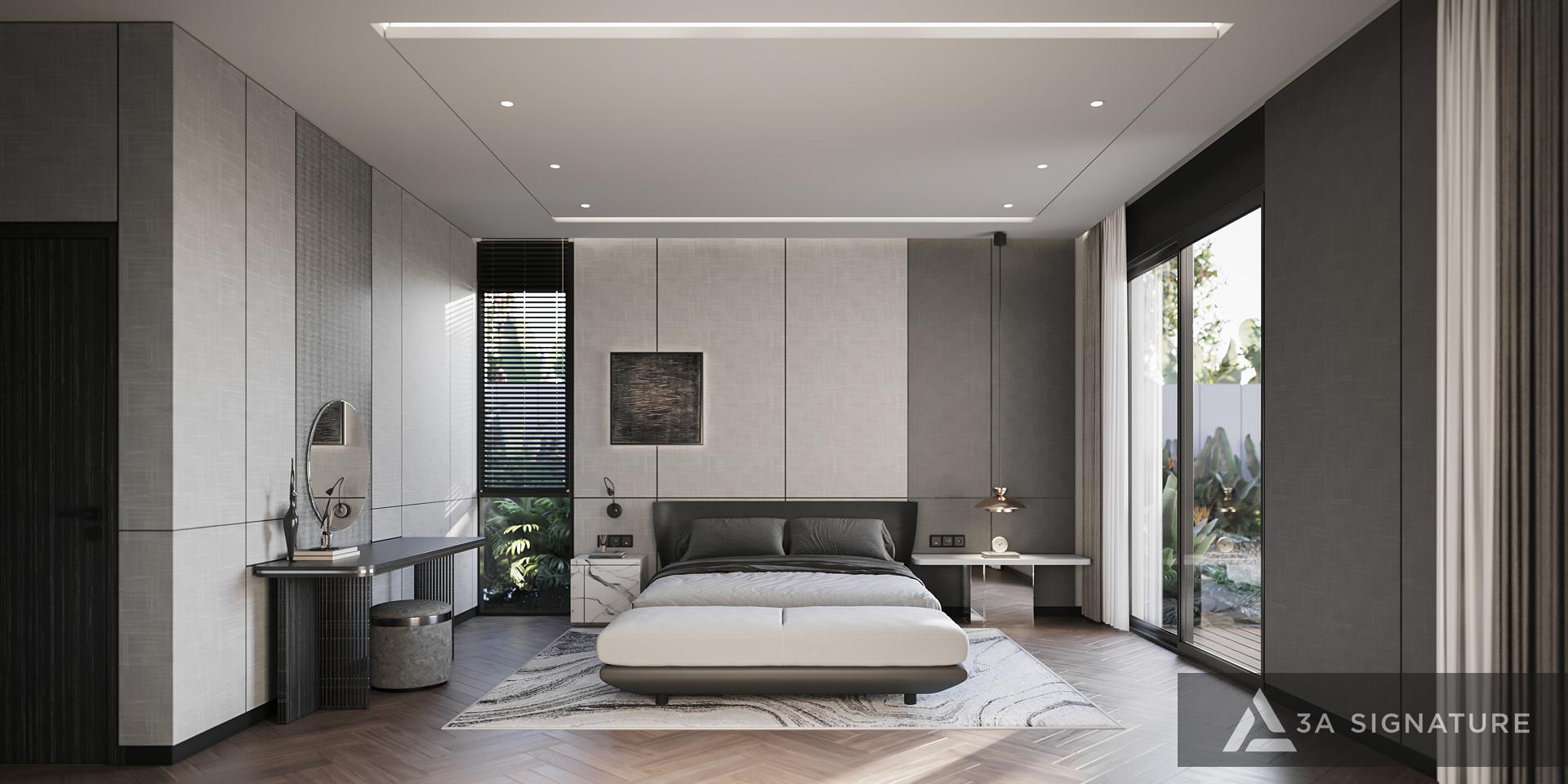 Thiết kế phòng ngủ đẹp hiện đại với giường gỗ, ánh sáng tự nhiên và vật liệu tinh tế theo phong cách 3A Signature