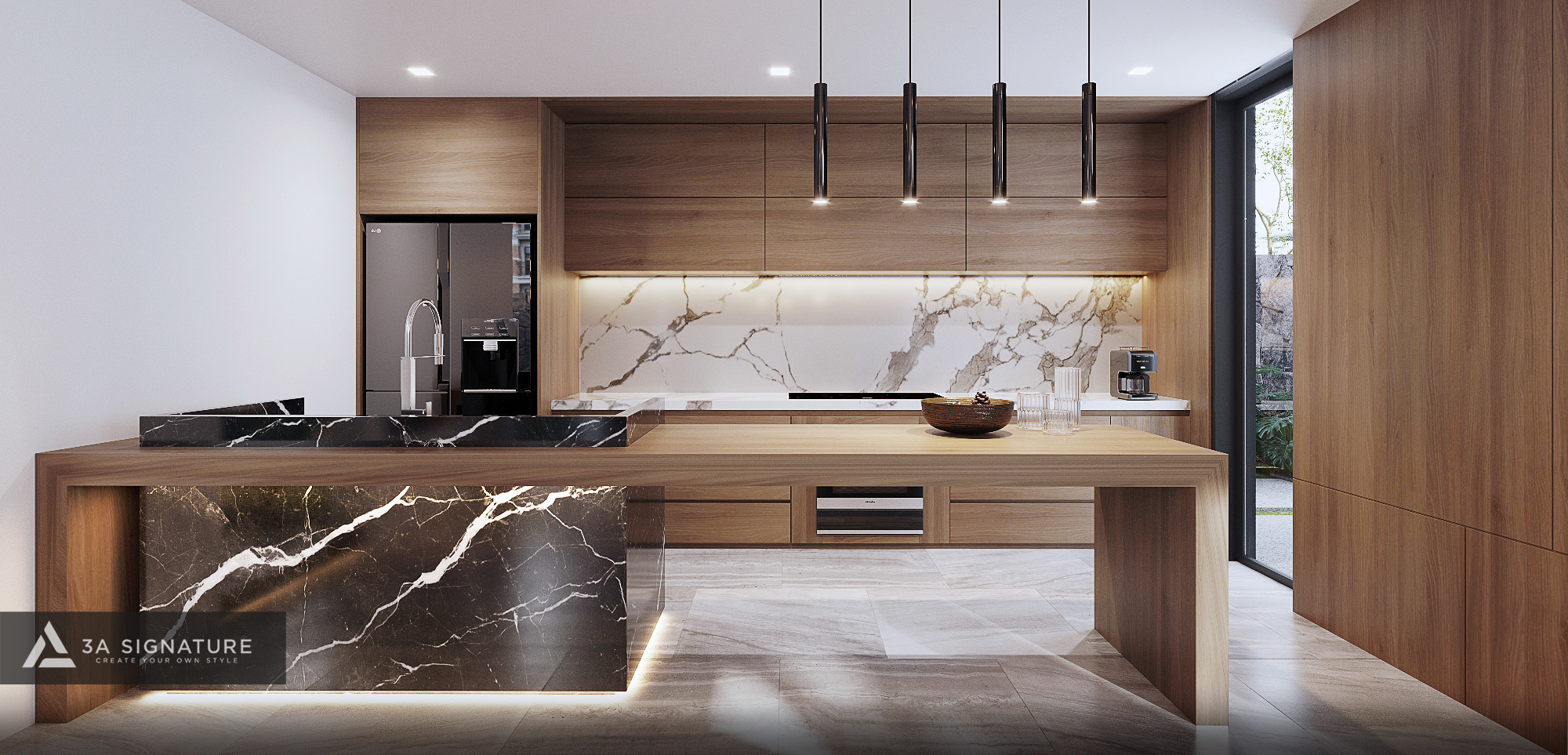 Gỗ An Cường – Vật Liệu Nội Thất Kiến Tạo Không Gian Sống Đậm Phong Cách Phòng bếp biệt thự với hệ tủ sử dụng gỗ nhựa Picomat An Cường phủ laminate vân gỗ, kết hợp đá marble cao cấp và ánh sáng gián tiếp – tạo nên không gian hiện đại, sạch sẽ và bền vững trong điều kiện ẩm ướt.