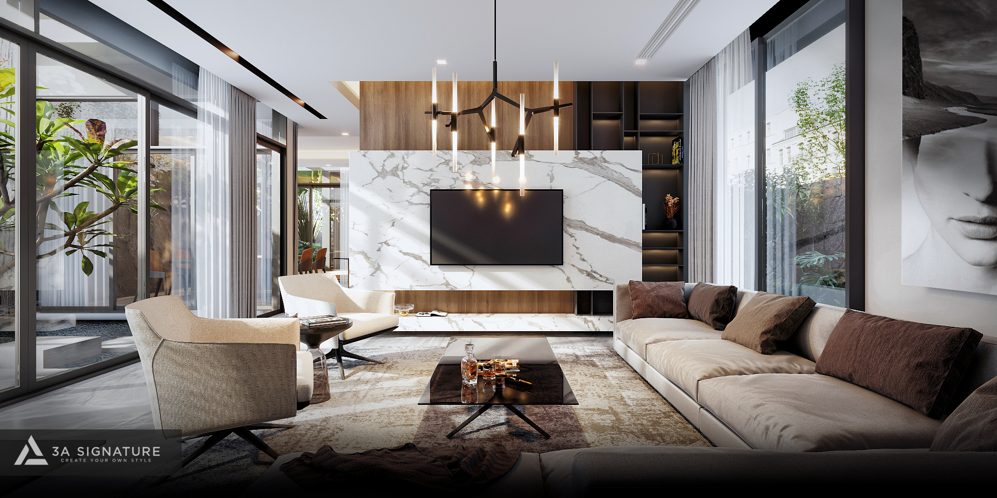 Phòng khách biệt thự ứng dụng Biophilic Design với cửa kính lớn, ánh sáng tự nhiên và cây xanh bao quanh, mang lại cảm giác sống như resort.