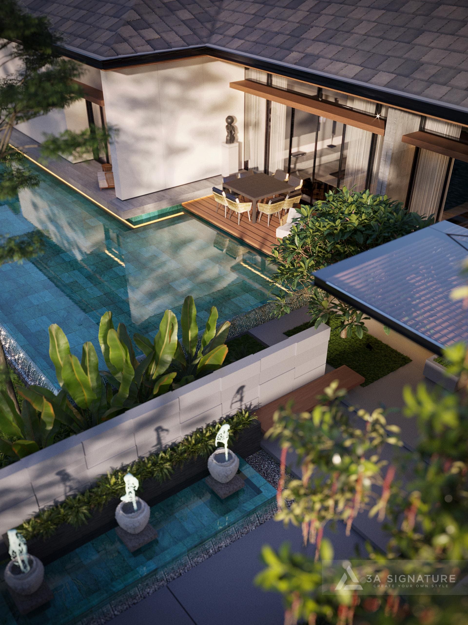 Biệt thự sân vườn 1000m² nhìn từ trên cao với hồ bơi xanh mát ôm quanh hiên gỗ, cây xanh tán rộng và hệ lam gỗ che nắng. Thiết kế thể hiện triết lý “kiến trúc vị nhân sinh” của 3A Signature – nơi kiến trúc và thiên nhiên hòa quyện tạo nên không gian sống chan hòa ánh sáng, gió và hơi nước.