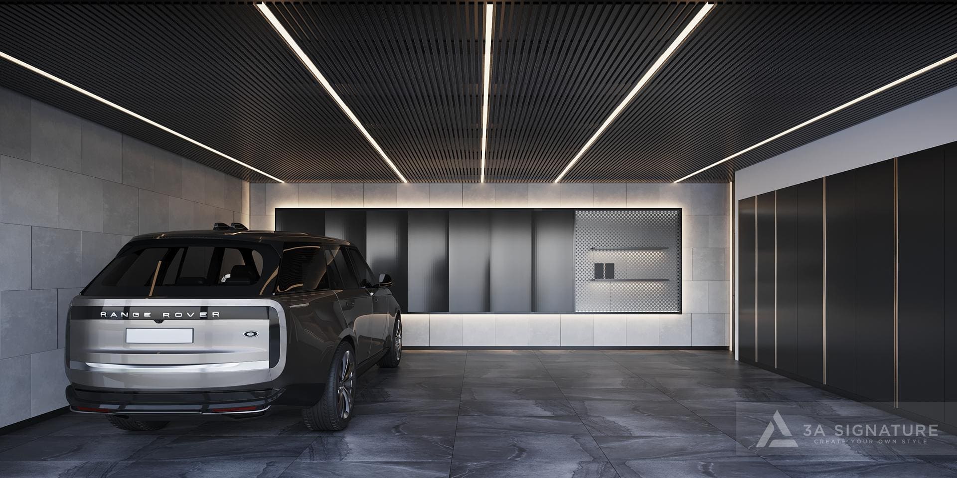 Không gian gara biệt thự phong cách Modern Tropical với tông màu xám – đen sang trọng, trần lam kim loại kết hợp đèn LED âm trần, thể hiện giải pháp tổ chức luồng giao thông phụ linh hoạt và riêng tư của 3A Signature, kết nối tiện lợi nhưng không làm gián đoạn không gian chính.