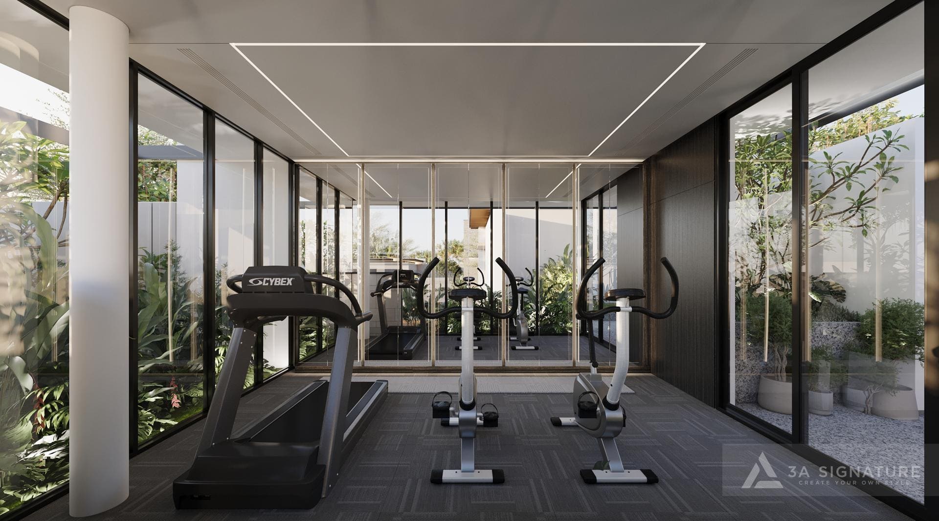 Phòng gym trong thiết kế biệt thự cao cấp của 3A Signature với thiết kế tối giản, cửa kính lớn đón ánh sáng và mảng xanh bao quanh, mang lại trải nghiệm luyện tập thư thái và đẳng cấp tại gia.

