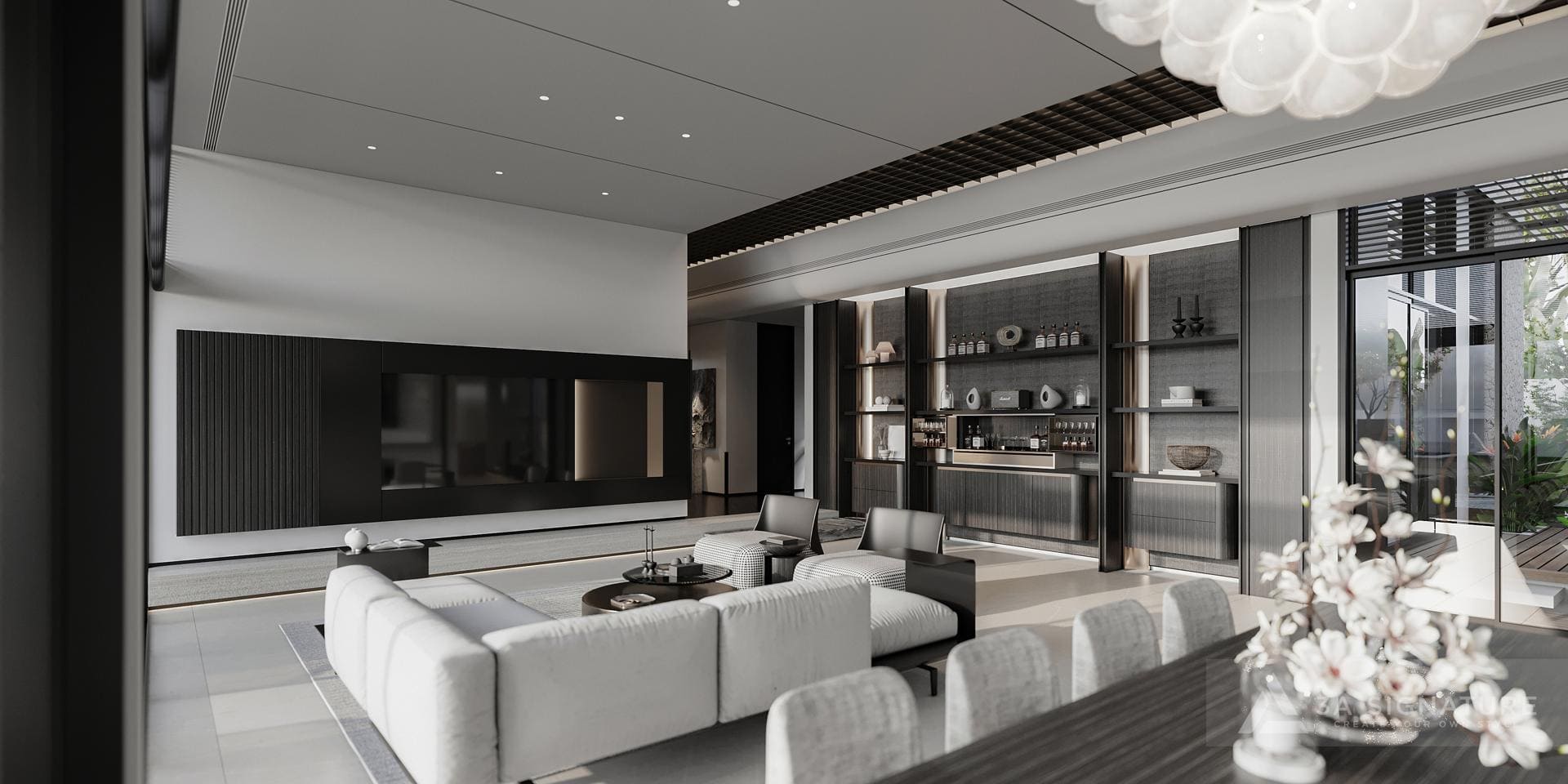 Tầng Trệt Biệt Thự - Nơi Khởi Đầu Hành Trình Sống Tinh Tế Phòng khách và khu vực sinh hoạt tại tầng trệt biệt thự 3A Signature, thiết kế mở hiện đại với ánh sáng tự nhiên, vật liệu Tropical Modern và bố cục tinh tế, thể hiện triết lý kiến trúc – tầng trệt là nền tảng cảm xúc và linh hồn của biệt thự.