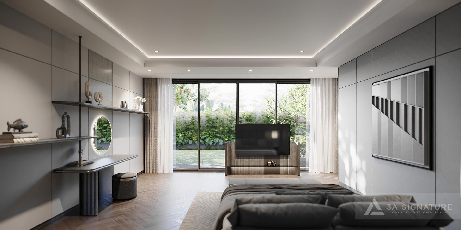 Diện Tích Phòng Ngủ Hợp Lý Cần Bao Nhiêu m² Khi Thiết Kế? Phòng ngủ với cửa kính lớn mở ra sân vườn, ánh sáng tự nhiên tràn ngập giúp không gian nhỏ vẫn thoáng rộng, tối ưu diện tích phòng ngủ hợp lý trong biệt thự hiện đại.