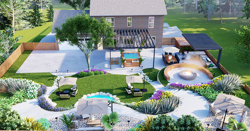 3D Landscape rendering of a villa garden featuring outdoor seating, pergolas, pathways, and layered greenery, showcasing the overall design and spatial harmony.