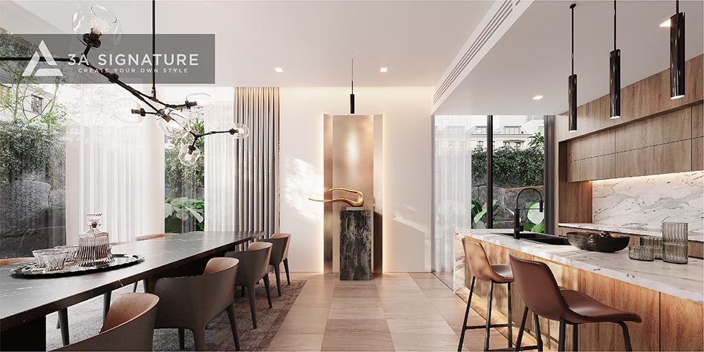 Đá Bếp - Nét Chấm Phá Tinh Tế Trong Không Gian Sống Hiện Đại Phòng bếp và phòng ăn được bố trí thiết kế kề nhau với công năng tiện lợi