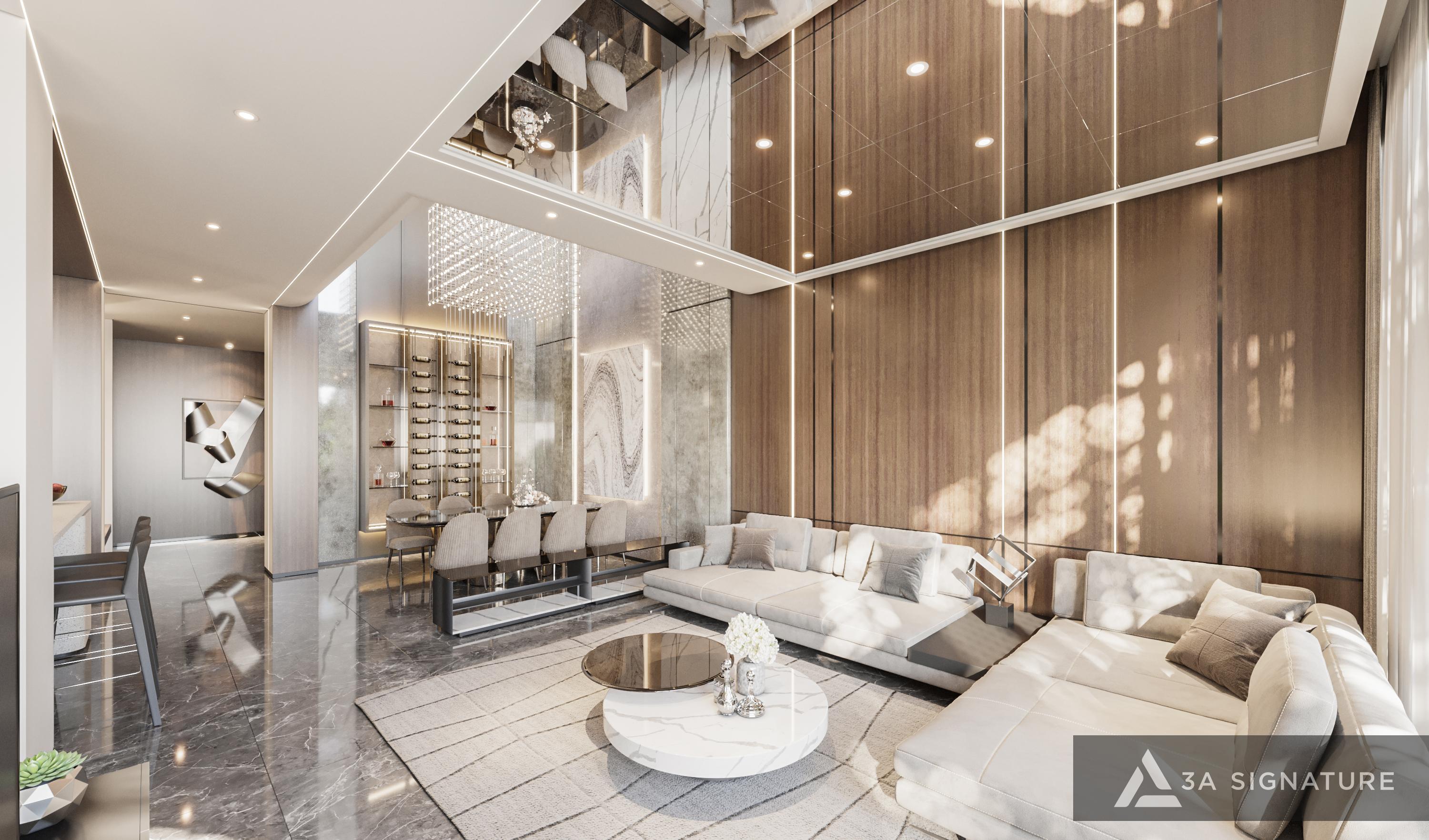 Phòng khách biệt thự hiện đại với sofa tựa tường, mảng gỗ lớn, bàn trà đá và ánh sáng tự nhiên – minh họa cách bố trí nội thất hợp phong thủy mang lại sự ổn định và sinh khí.