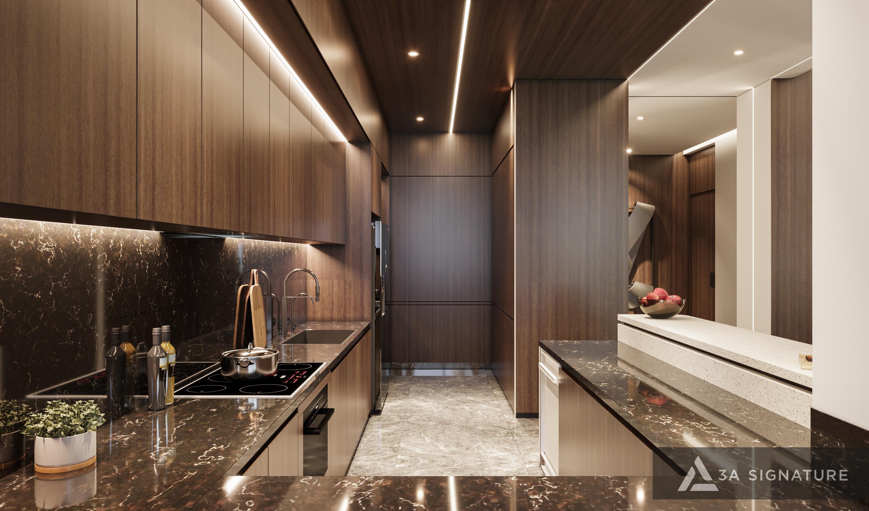 Thiết Kế Không Gian Bếp Mang Dấu Ấn Riêng - Tôn Vinh Phong Cách Sống Thiết kế bếp biệt thự hiện đại với tủ bếp cao sát trần, mặt bàn cao chuẩn công thái học và phụ kiện thông minh, tối ưu hóa thao tác nấu nướng và không gian lưu trữ.