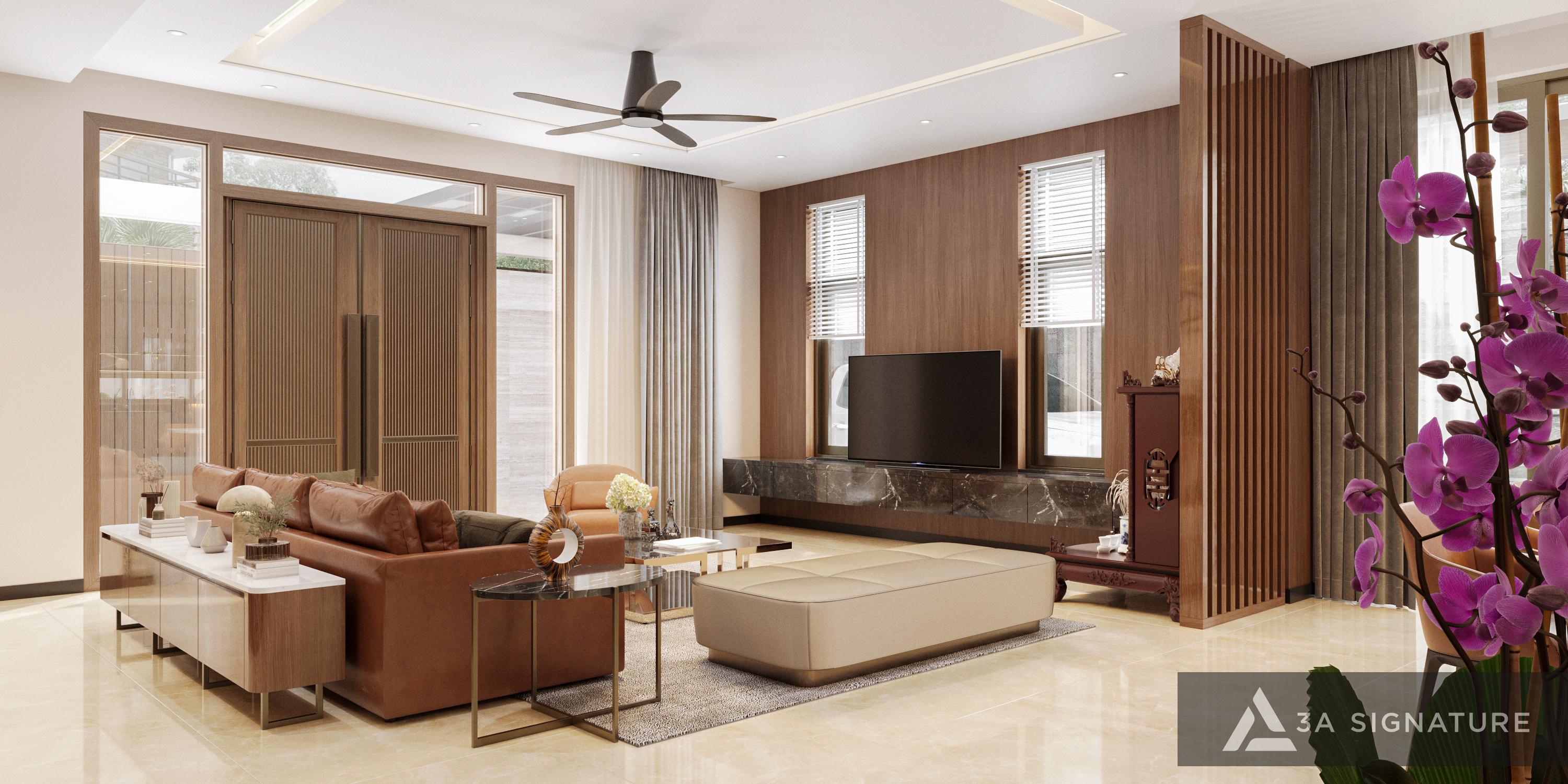 Màu Sắc Của Năm 2026: Xu Hướng Thẩm Mỹ Mới Trong Thiết Kế Kiến Trúc & Nội Thất Phòng khách sử dụng Earth Tones và sắc xanh dịu theo xu hướng màu sắc của năm 2026, tạo không gian ấm áp, cân bằng và gợi cảm giác chữa lành, hòa hợp với thiên nhiên.