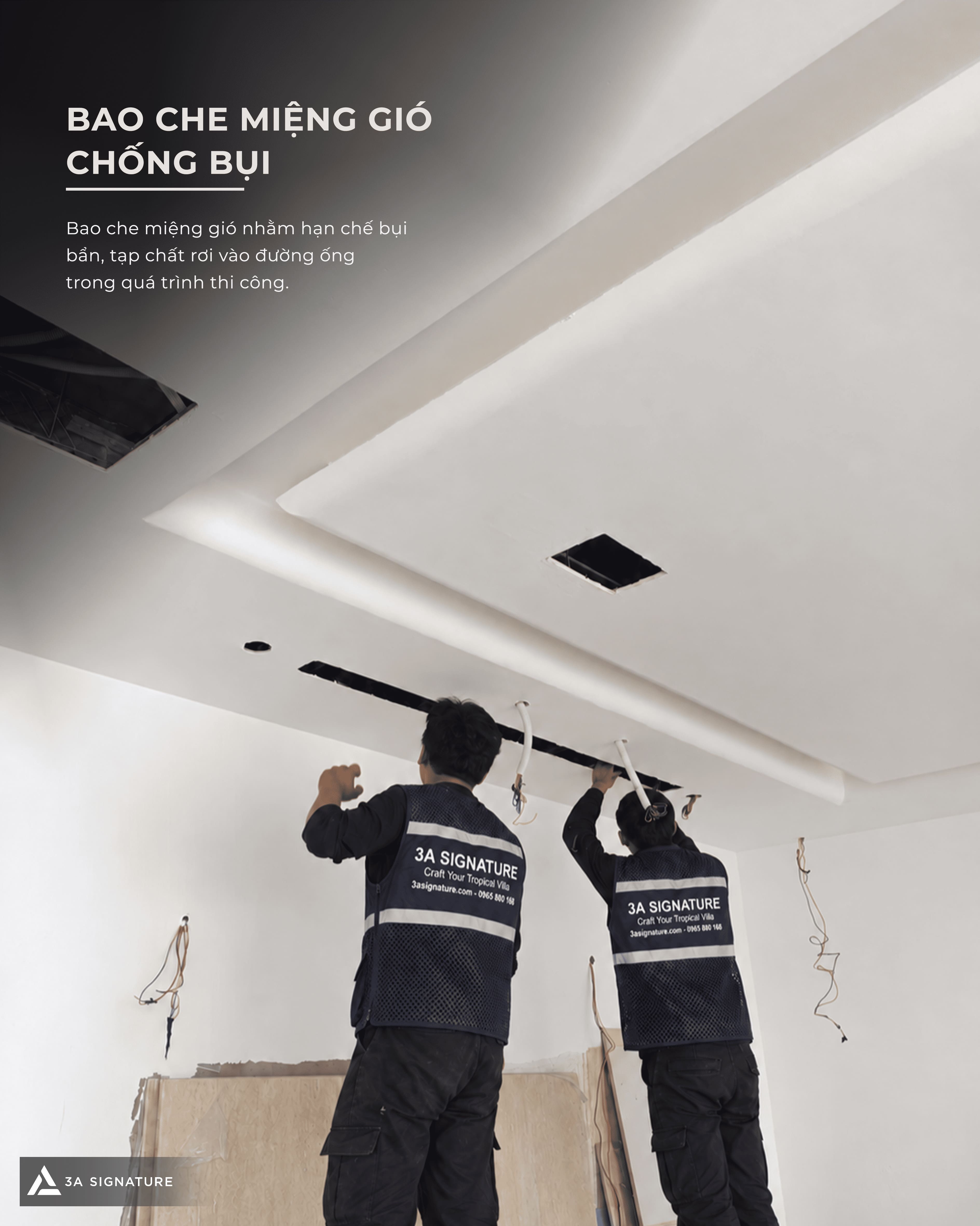 Hình ảnh bao che miệng gió trong giai đoạn thi công trần, hỗ trợ bảo vệ hệ thống ống gió và thiết bị âm trần.