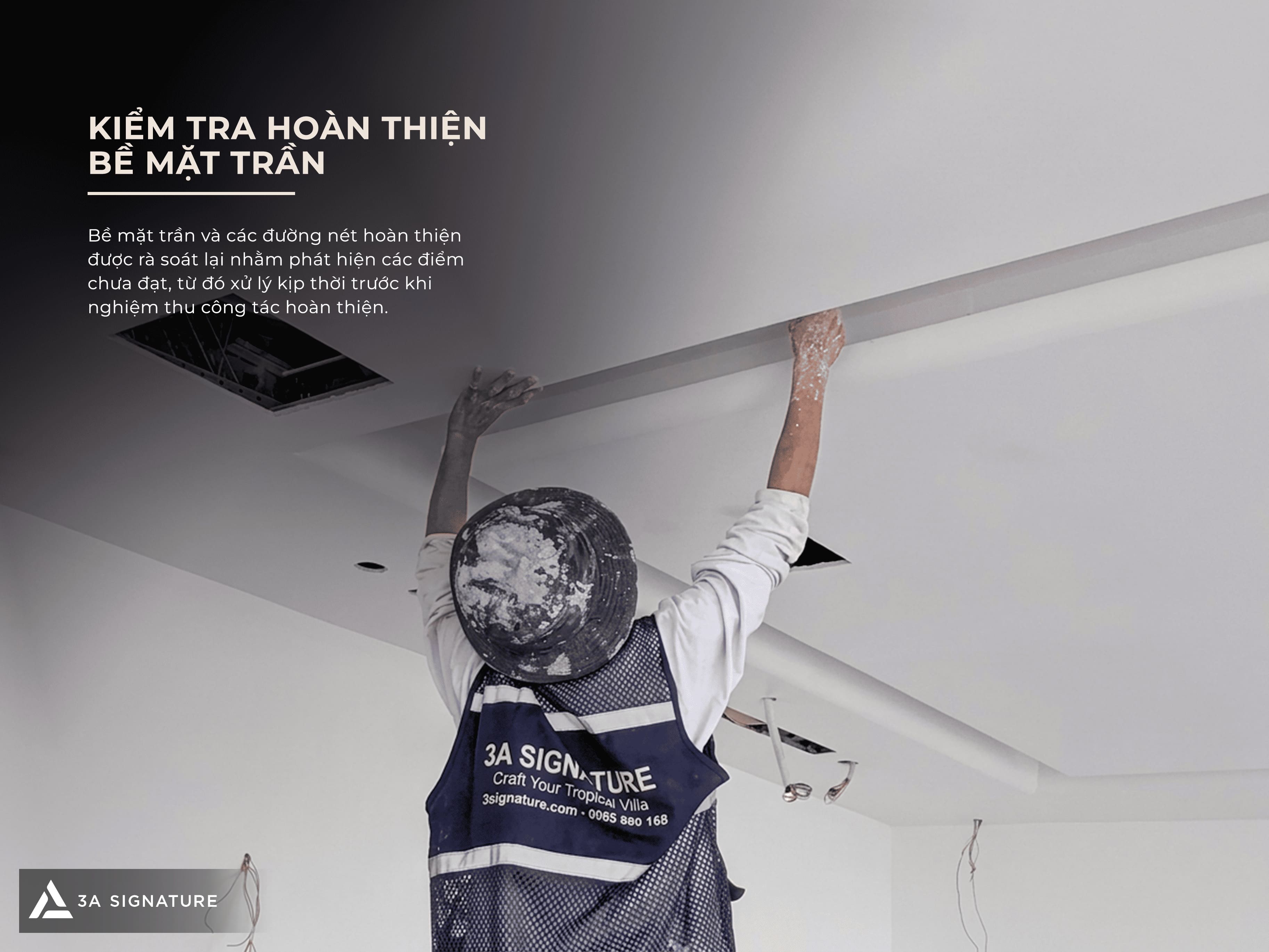 Hình ảnh thi công trần thạch cao Legacy Penthouse với công tác kiểm tra bề mặt trần, đường nét hoàn thiện và các vị trí kỹ thuật.