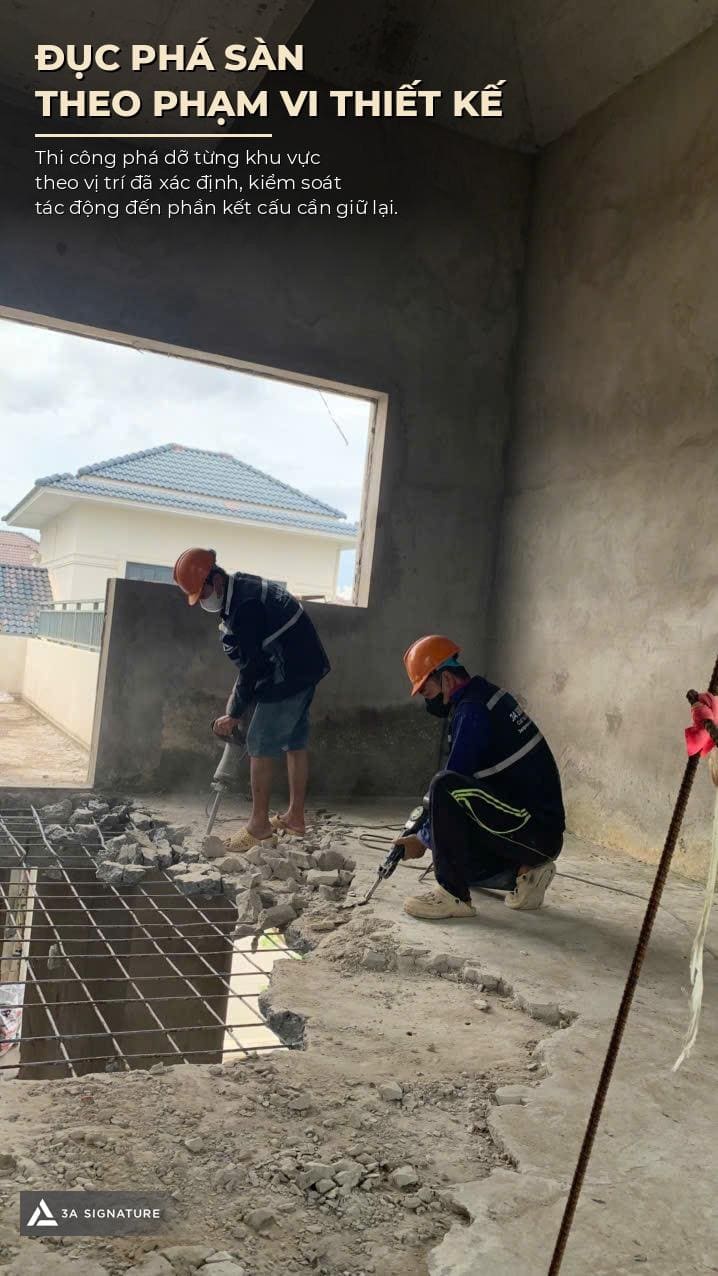 Hình ảnh phá dỡ cải tạo Lumina Retreat Villa ghi nhận công tác đục phá sàn trong nhà theo đúng phạm vi thiết kế cải tạo.