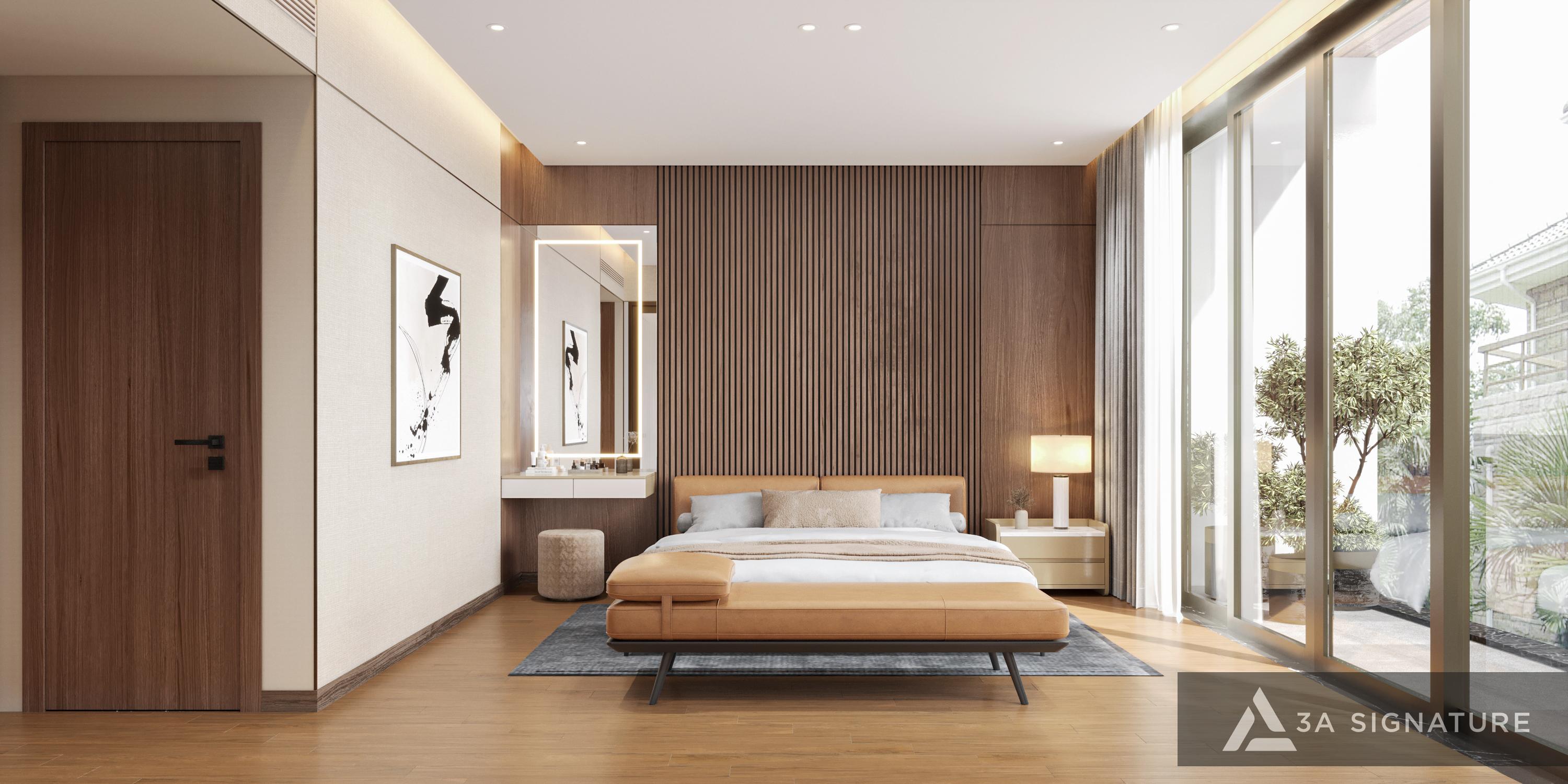 Phòng ngủ biệt thự hiện đại với hệ cửa gỗ phẳng sắc nét, vân gỗ tự nhiên và bố cục tối giản. Cửa gỗ kết hợp mảng tường ốp gỗ và ánh sáng mềm, tạo nên không gian ấm áp và sang trọng – đúng tinh thần thiết kế tinh tế của 3A Signature.
