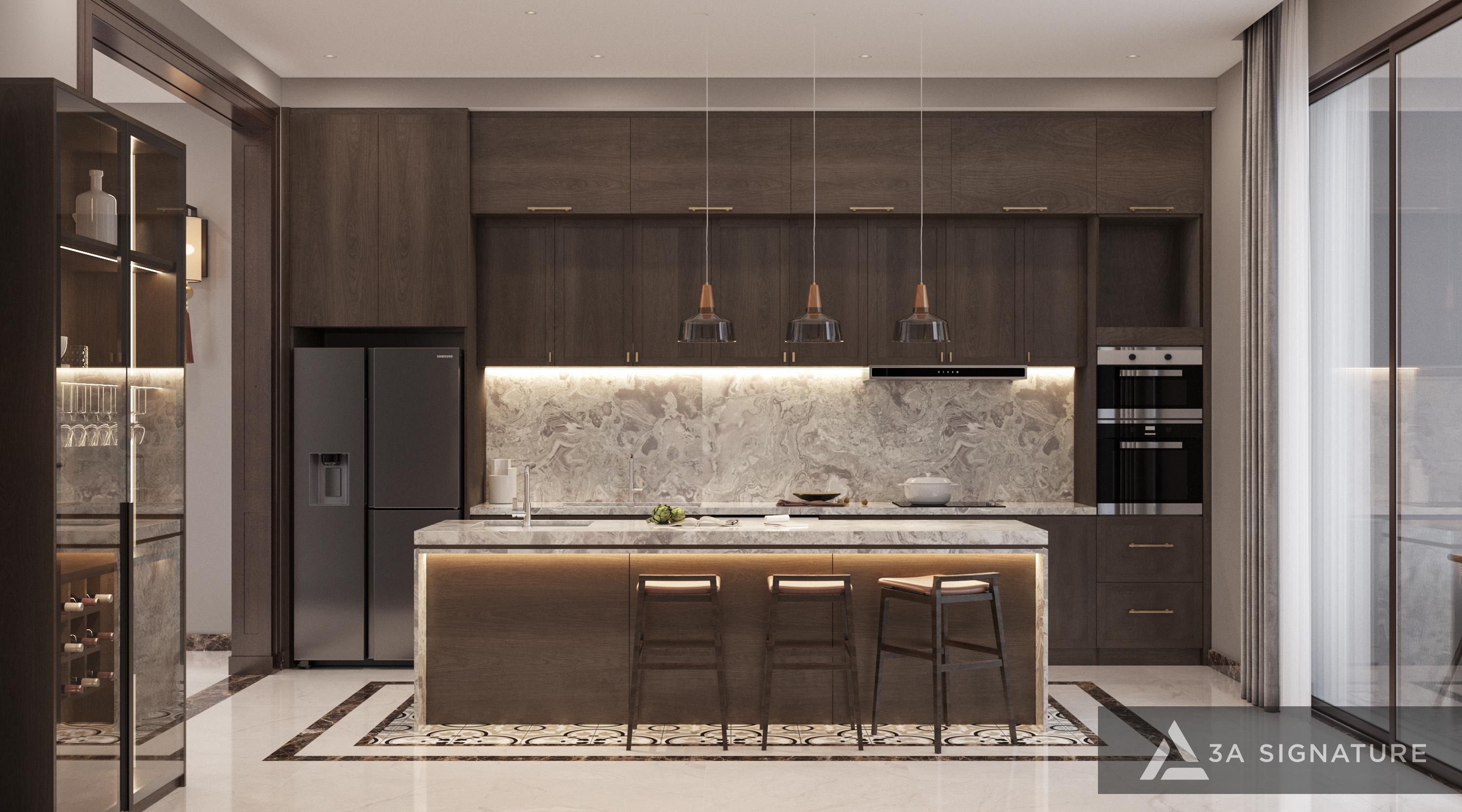 Thiết Kế Không Gian Bếp Mang Dấu Ấn Riêng - Tôn Vinh Phong Cách Sống Thiết kế bếp biệt thự hiện đại với bàn đảo lớn, tủ gỗ cao cấp và bố trí theo Tam Giác Công Năng gồm khu lưu trữ, khu sơ chế và khu nấu, mang lại hiệu quả sử dụng tối ưu.