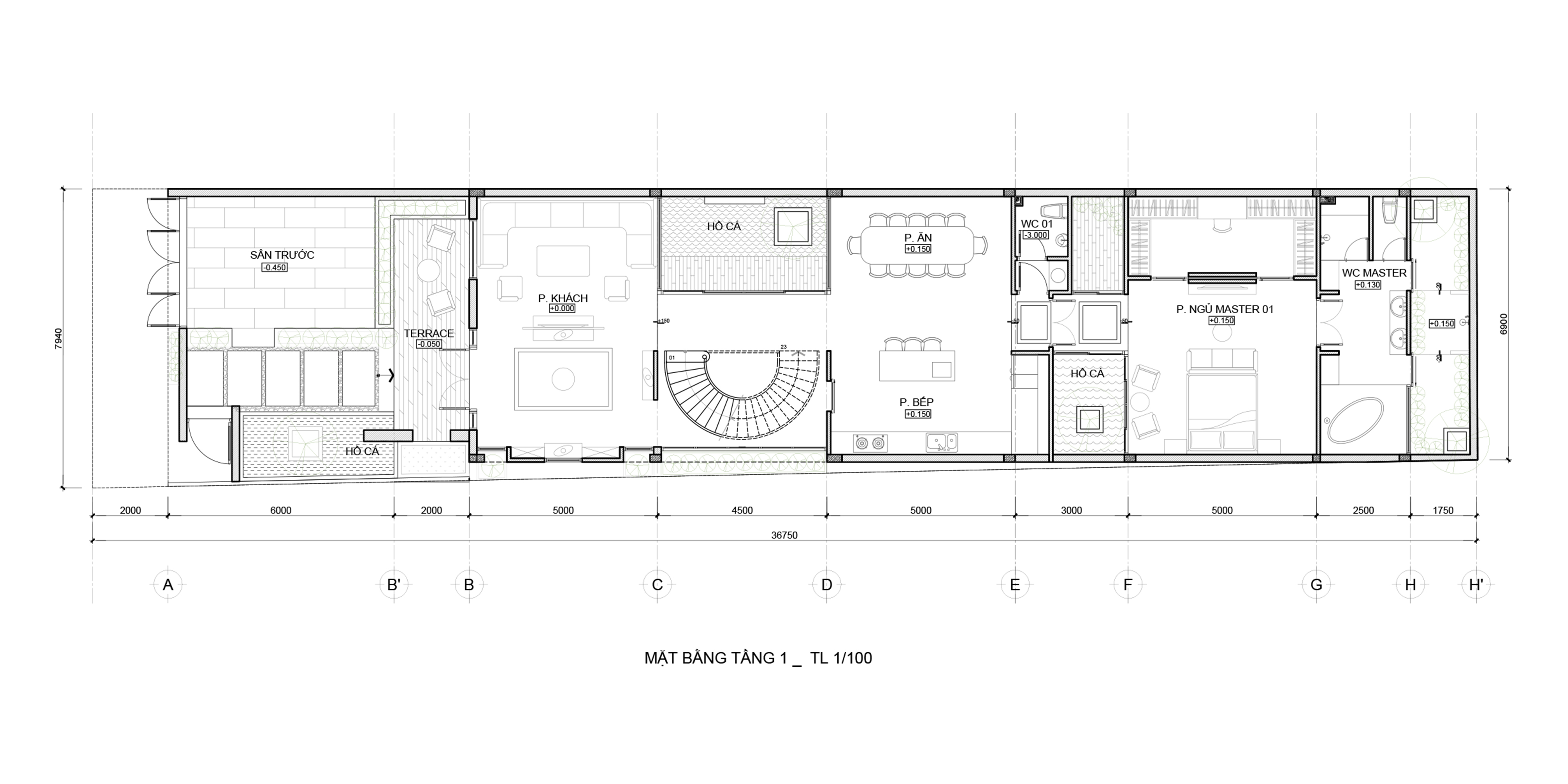 Tại Sao Bản Vẽ Nhà Là Bước Quan Trọng Nhất Khi Xây Biệt Thự? Bản vẽ mặt bằng tầng 1 biệt thự do 3A Signature thiết kế, thể hiện bố trí phòng khách, bếp, phòng ngủ master và hồ cá, tối ưu công năng và thẩm mỹ.