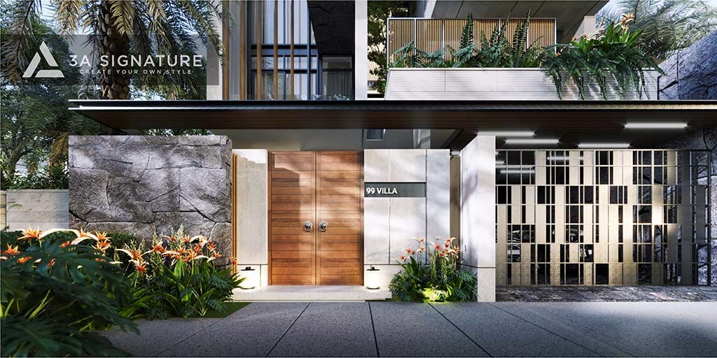 Mặt trước không gian biệt thự T-Villa thiết kế hiện đại cùng cây xanh