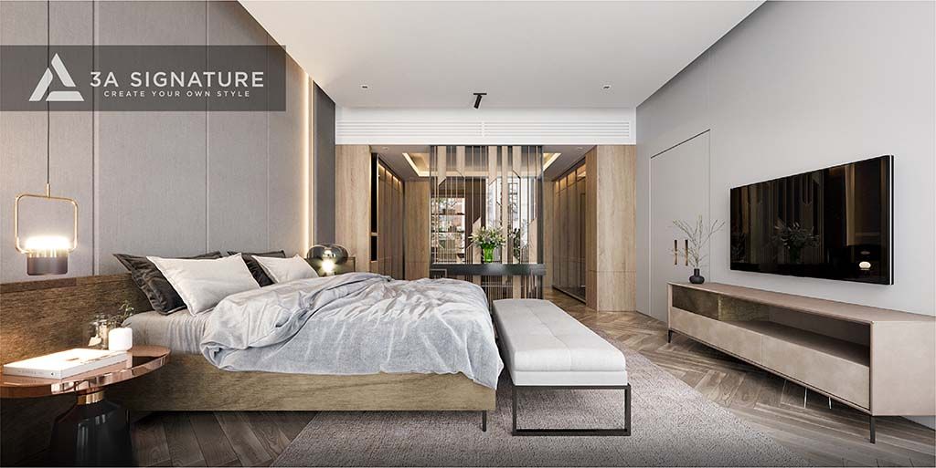Thiết Kế Ánh Sáng Trong Nội Thất: Bí Quyết Tạo Không Gian Sáng Và Có Chiều Sâu Phòng ngủ hiện đại biệt thự T-Villa được kết hợp hài hòa nhiều gam màu trung tính