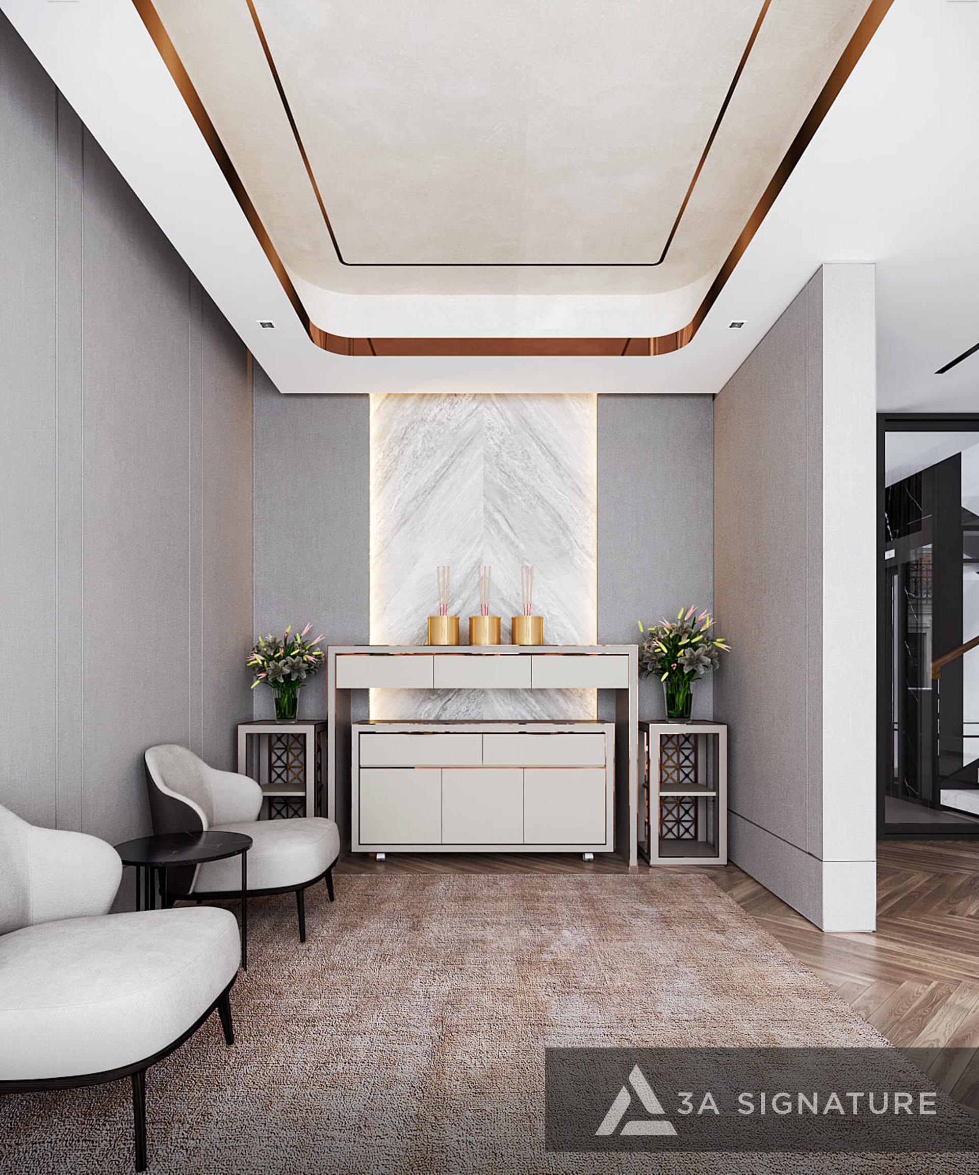 Mảng tường sau bàn thờ được ốp đá và hắt sáng tinh tế, tạo điểm nhấn trang nghiêm và định hình phong thái sang trọng cho toàn bộ nội thất phòng thờ.