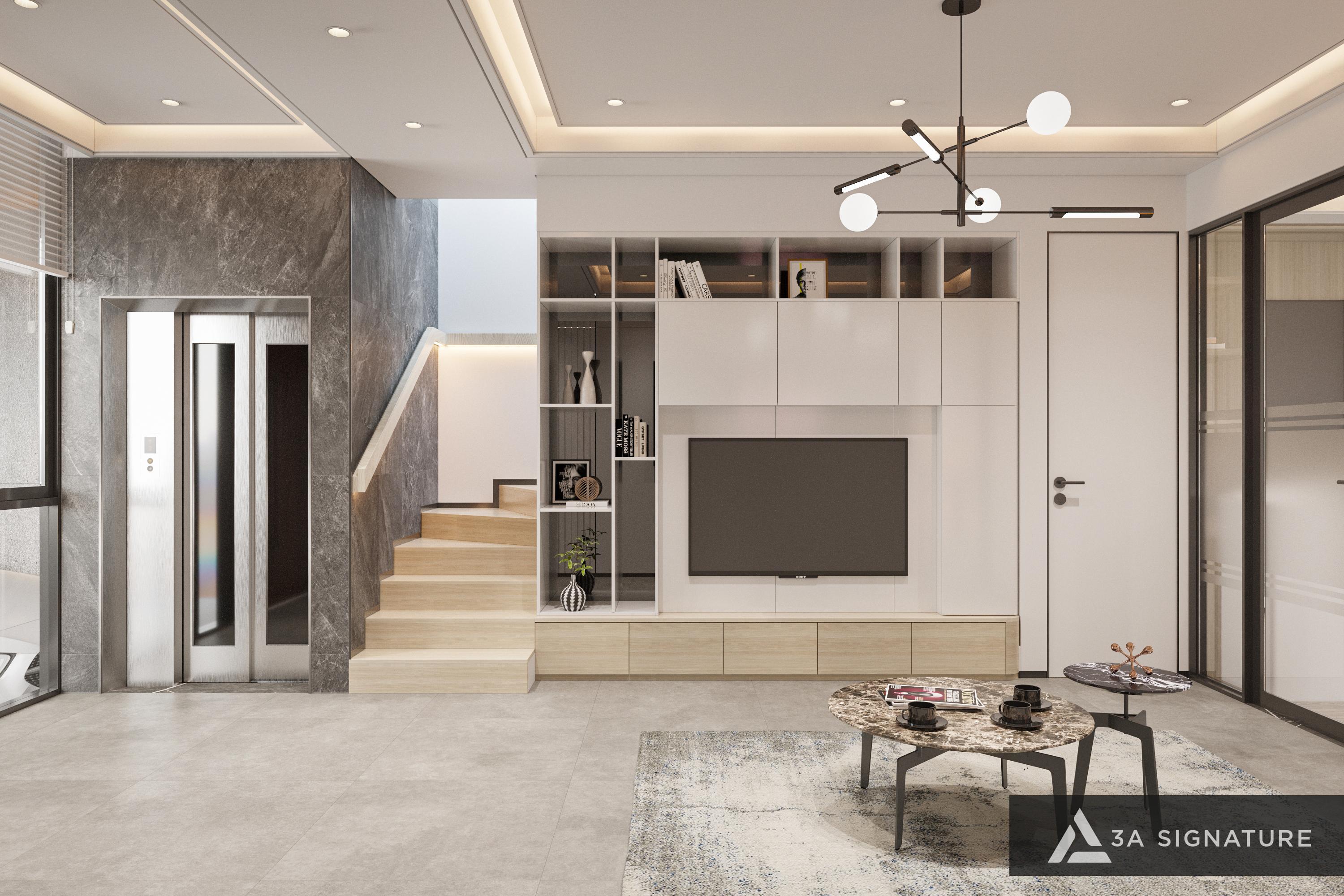 Sảnh Chính Biệt Thự - Nút Giao Không Gian Kết Nối Mọi Trải Nghiệm Sống sanh-biet-thu-hien-dai-voi-cau-thang-thang-may-va-ke-tivi-trung-tam-giup-toi-uu-luong-giao-thong-noi-that-tao-bo-cuc-khong-gian-mach-lac-trong-thiet-ke-biet-thu-hien-dai