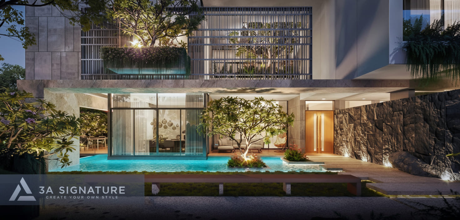 Thiết Kế Hồ Nước Tiểu Cảnh: Điểm Nhấn Hoàn Hảo Cho Sân Vườn Xanh Thiết kế hồ nước tiểu cảnh hiện đại trong sân vườn biệt thự, kết hợp cây xanh và ánh sáng phản chiếu, tạo không gian sống xanh, cân bằng phong thủy và giá trị thẩm mỹ.