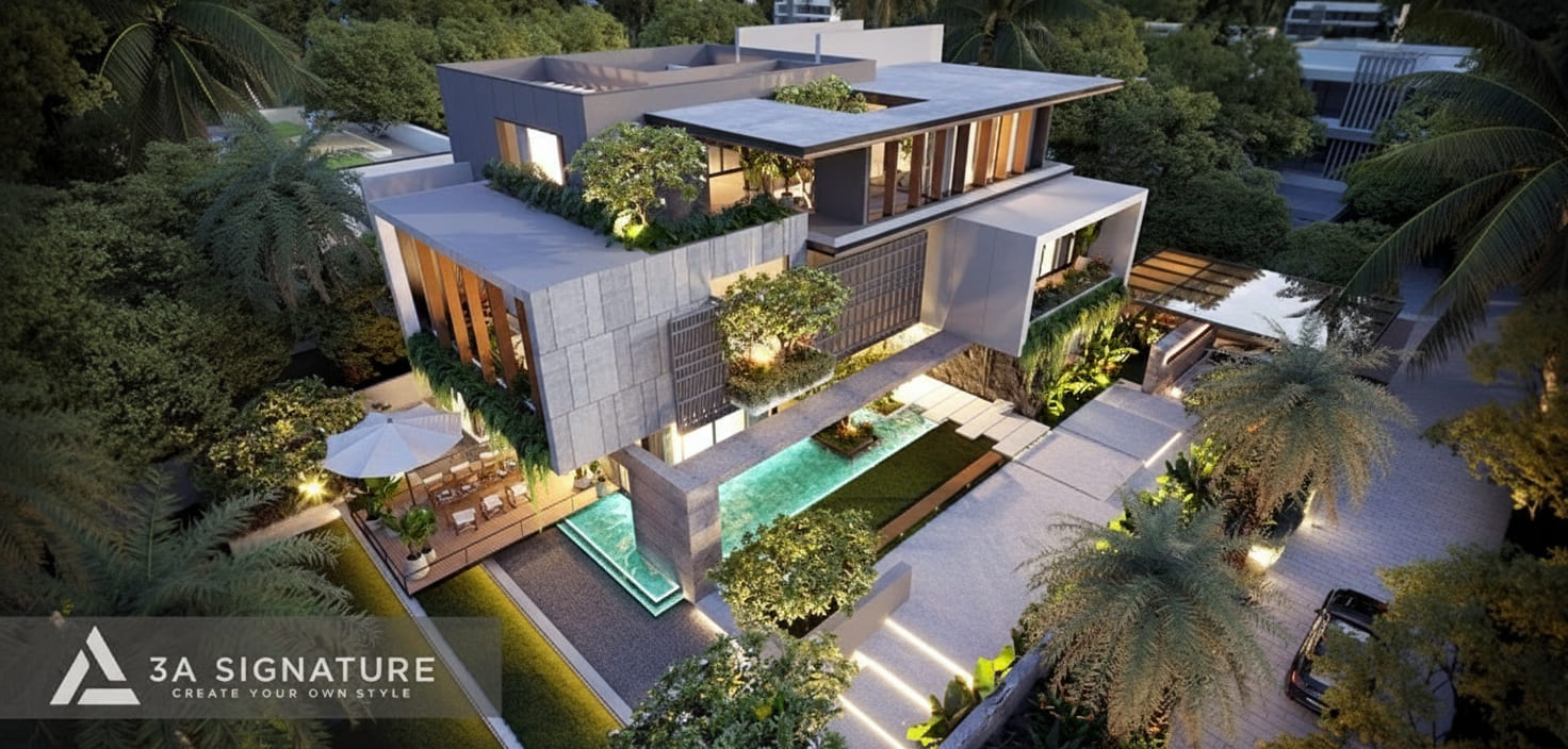 Thiết Kế Biệt Thự Đẹp - Khi Kiến Trúc Trở Thành Nghệ Thuật Sống Phối cảnh tổng thể thiết kế biệt thự đẹp phong cách Modern Tropical của 3A Signature, với không gian mở, cây xanh xen kẽ và hồ nước bao quanh, thể hiện triết lý “kiến trúc vị nhân sinh” – lấy con người làm trung tâm của mọi thiết kế.