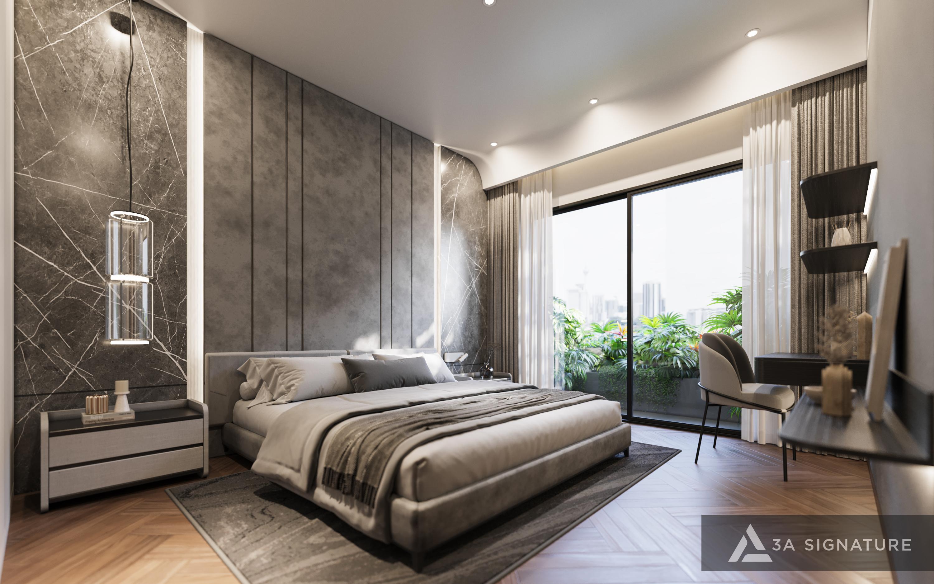 3 Cách Bố Trí Nội Thất Phòng Ngủ Tạo Điểm Nhấn Tinh Tế bo-tri-noi-that-phong-ngu-voi-giay-dan-tuong-van-da-lam-diem-nhan-sau-giuong-ngu-giup-khong-gian-phong-ngu-hien-dai-sang-trong-va-tao-chieu-sau-khong-gian