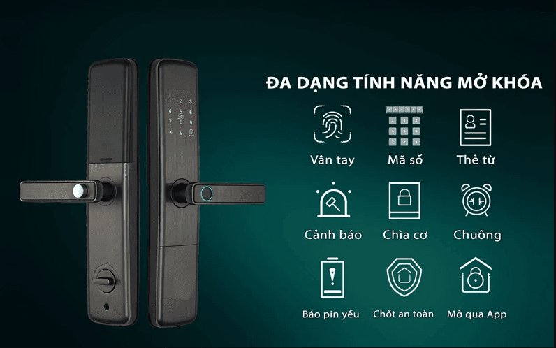 Khóa cửa điện tử tích hợp nhiều tính năng mở khóa, hỗ trợ an ninh biệt thự thông minh với khả năng kiểm soát và cảnh báo toàn diện.

