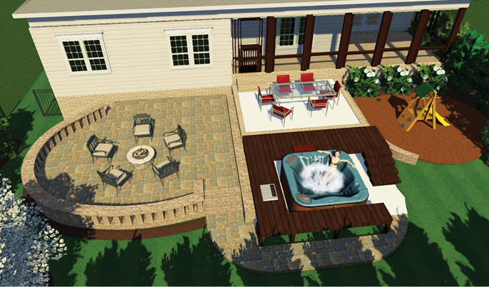 3D rendering of a villa backyard with firepit zone, dining terrace, and jacuzzi deck, demonstrating lighting simulation and spatial comfort in landscape design.