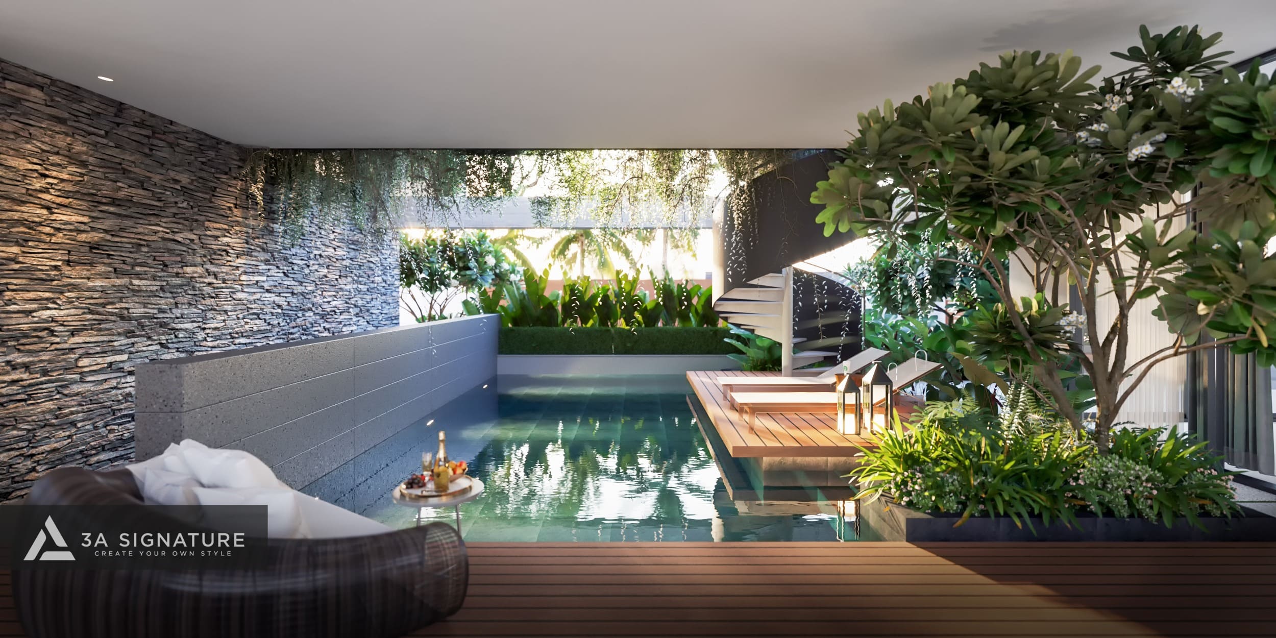 Thiết Kế Biệt Thự Có Hồ Bơi – Nghệ Thuật Kiến Tạo Một Resort Tại Gia Hồ bơi hình chữ nhật trong biệt thự đẹp Tropical Modern, bao quanh bởi sàn gỗ, cây xanh và tường đá tự nhiên; thiết kế tối giản, hiện đại và tràn ngập thiên nhiên.