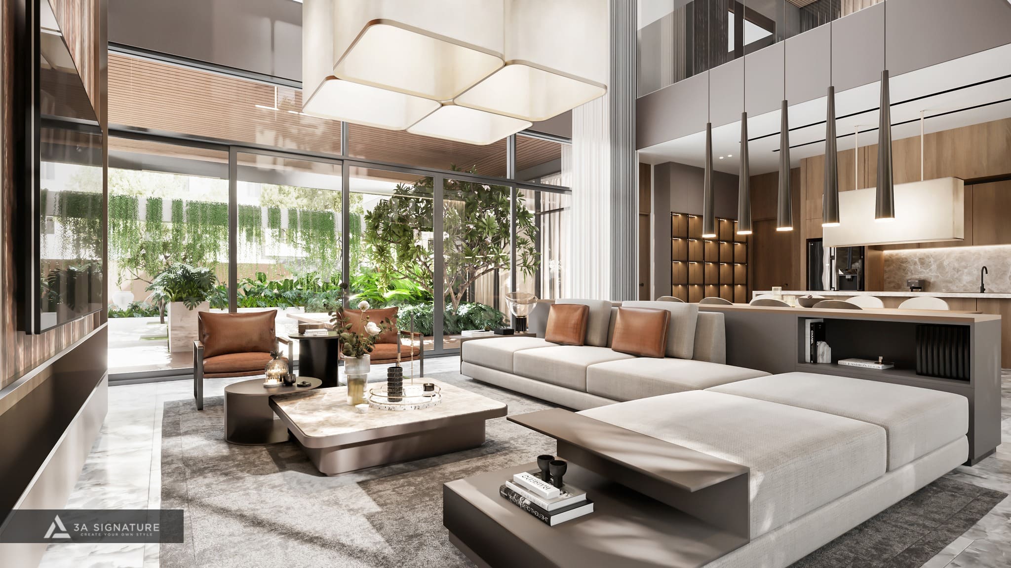 Phòng khách biệt thự Tropical Modern với cửa kính lớn mở ra khu vườn xanh mát, tạo sự thông thoáng và gắn kết hài hòa giữa trong và ngoài.