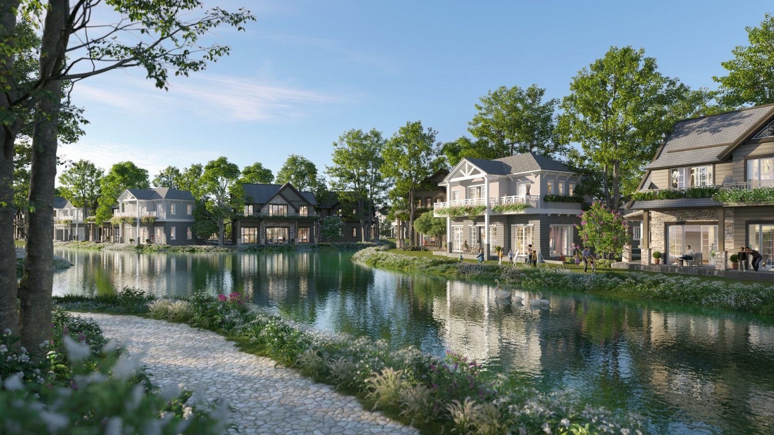 Eco Retreat Long An: Thiên Đường An Yên Giữa Lòng Miền Tây Phối cảnh biệt thự nghỉ dưỡng ven hồ tại Eco Retreat Long An với không gian xanh, đường dạo lát đá và kiến trúc tinh tế giữa thiên nhiên.