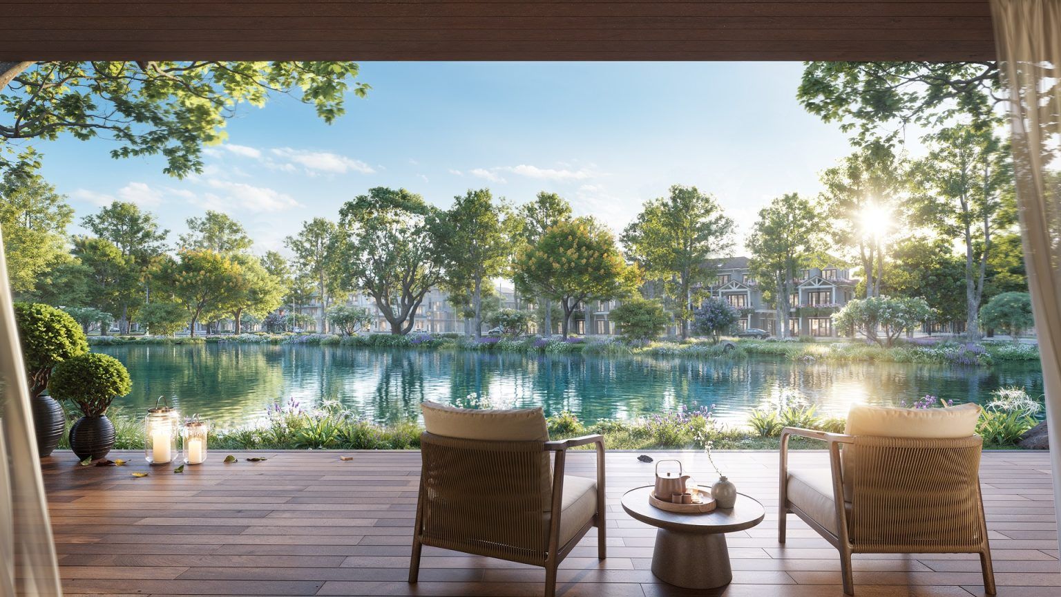 Biệt thự ven hồ tại Ecopark Long An với không gian xanh mát, ban công gỗ, cảnh quan hồ và cây xanh thư giãn giữa thiên nhiên trong lành.

