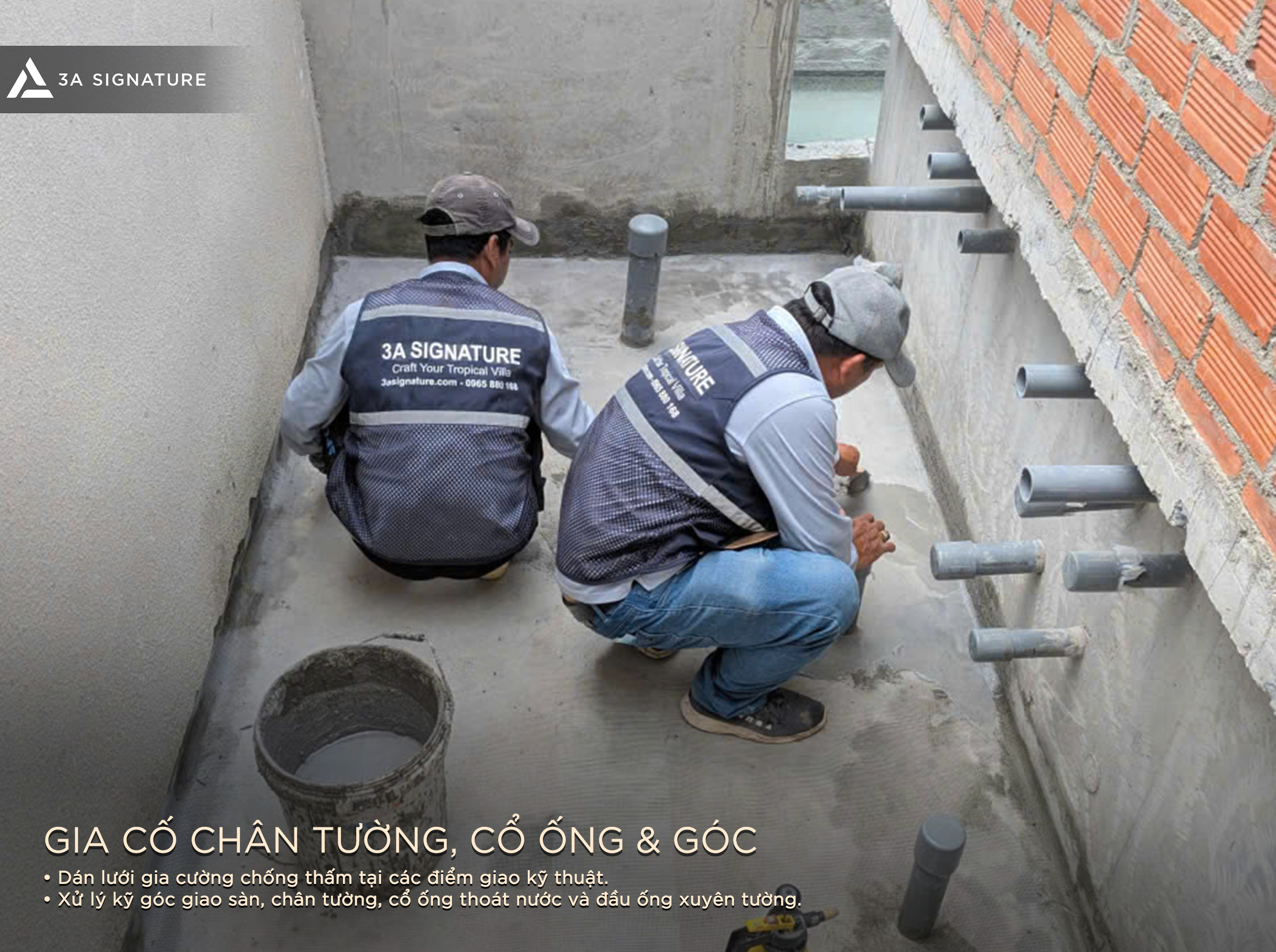 Chống thấm đúng kỹ thuật tập trung gia cố chân tường, cổ ống và góc giao, xử lý bo góc, chèn vữa và lưới gia cường tại điểm dễ nứt thấm trong thi công biệt thự.