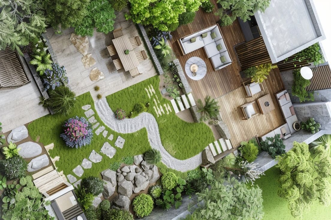 3D Landscape view of a tropical outdoor space with curved pathways, stone elements, lush greenery, and wooden terraces creating a serene and well-crafted garden layout.