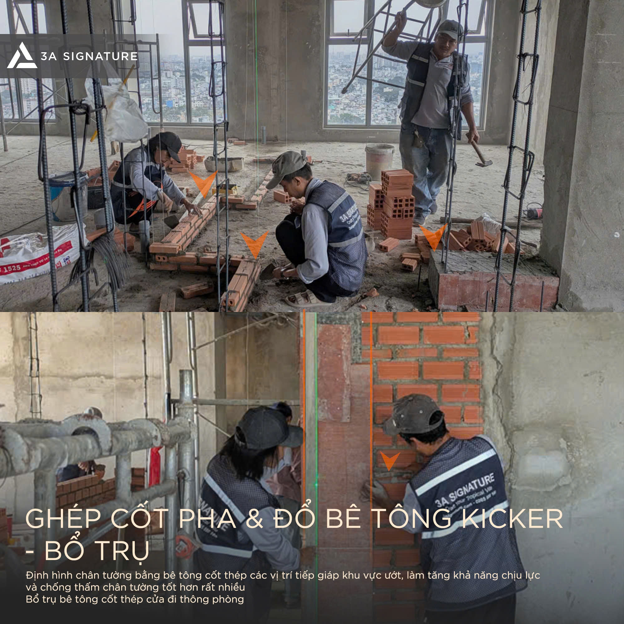 Xây tường chuẩn kỹ thuật với giải pháp đổ bê tông bổ trụ giúp gia cường hệ tường gạch, hạn chế rung lắc, giảm nứt và nâng cao độ bền công trình theo thời gian.