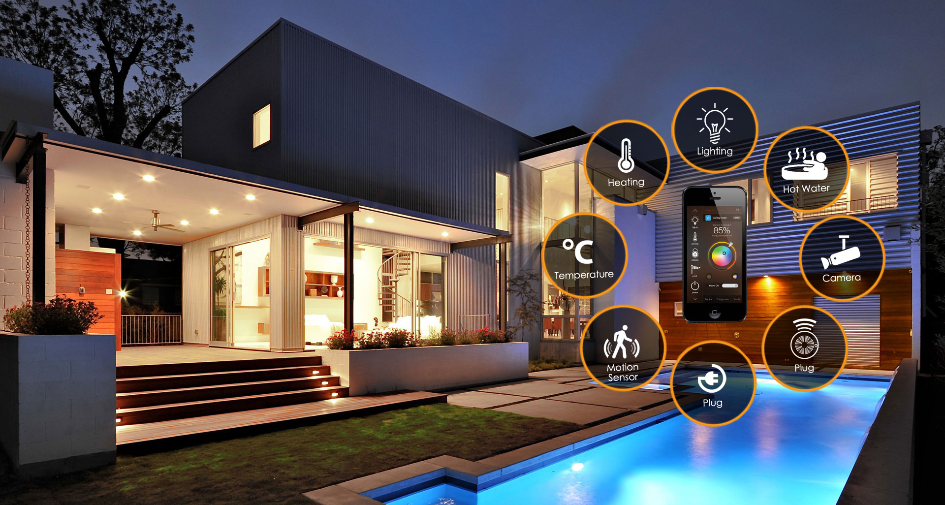 Modern villa with integrated AI villa control showing automated lighting, temperature, security, and smart sensors managed through a mobile interface.