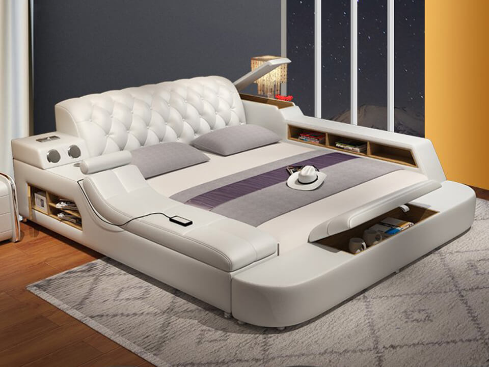 Modern smart bed in a luxury bedroom symbolizing AI villa control with voice commands, where the home listens, understands, and reacts to each request.