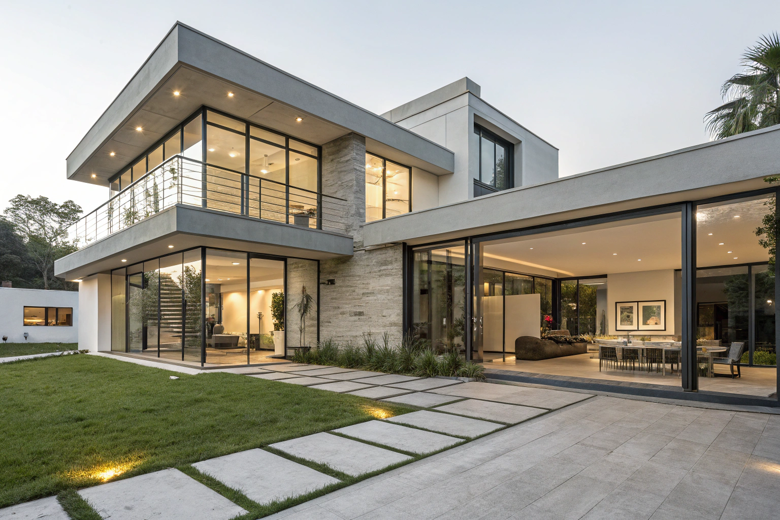 Modern luxury villa with large glass facades symbolizing advanced AI villa control security features, including privacy protection and multi layer smart home safety.