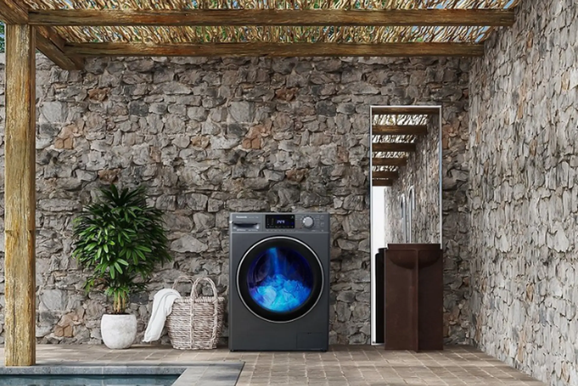 A villa laundry space with a smart Energy Star washing machine, designed for efficiency and saving electricity for villas while maintaining modern aesthetics.