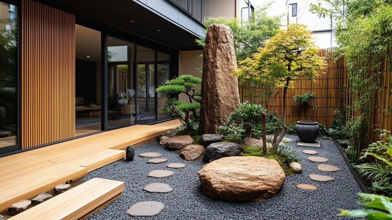 Zen rock garden with large stones, stepping paths, sculpted trees, and bamboo accents, enhancing Tropical Modern villa spaces with tranquility and natural harmony.