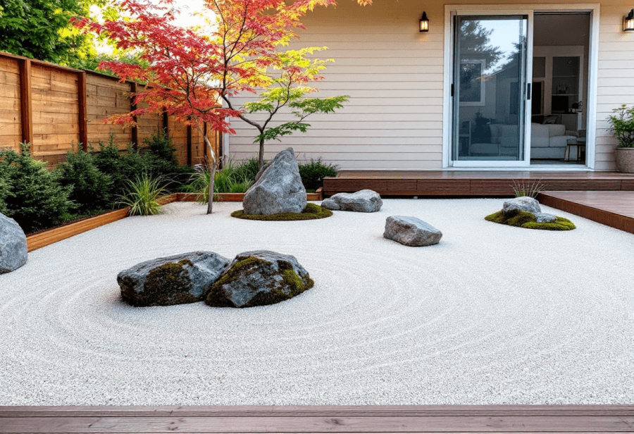 Zen rock garden courtyard featuring raked white gravel, natural stones, moss accents, and a Japanese maple, forming a peaceful, minimalist space for Tropical Modern villas.